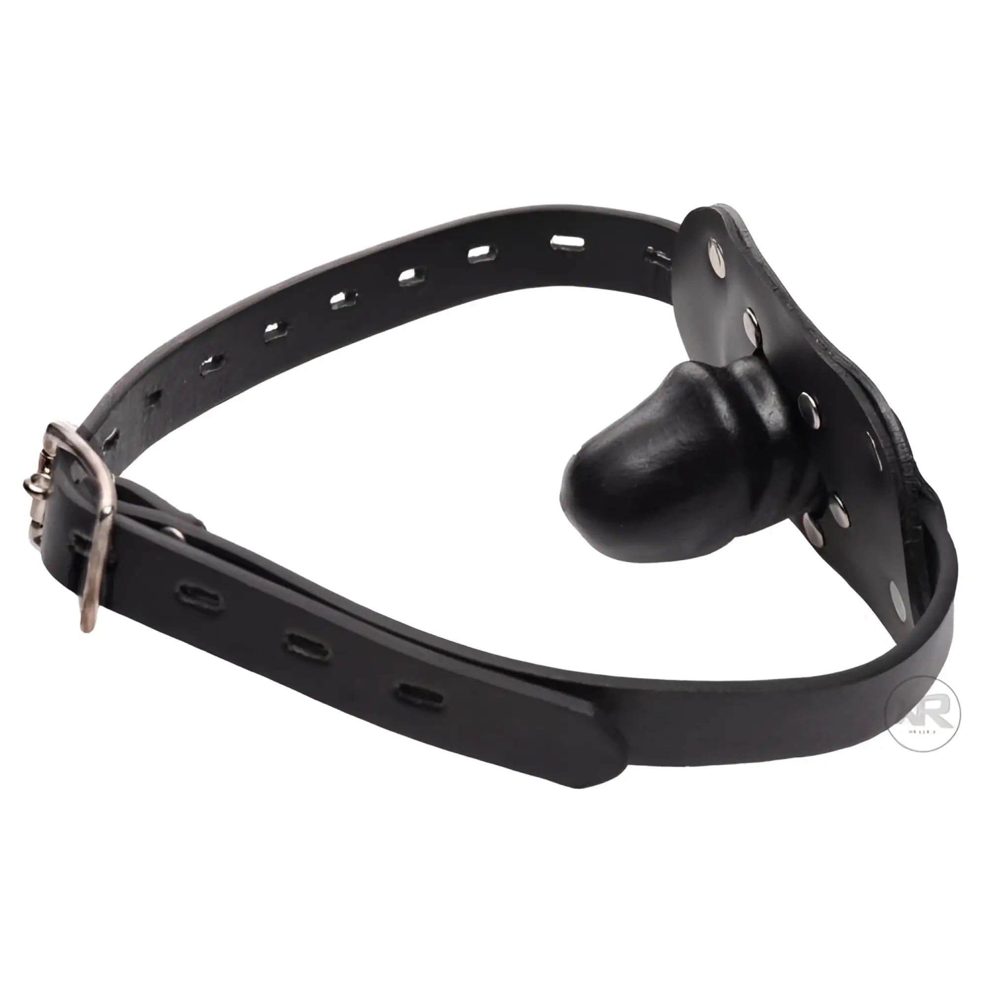 Frisky Beginner Locking Penis Gag: Black leather strap with buckle and a central black phallic-shaped plug.