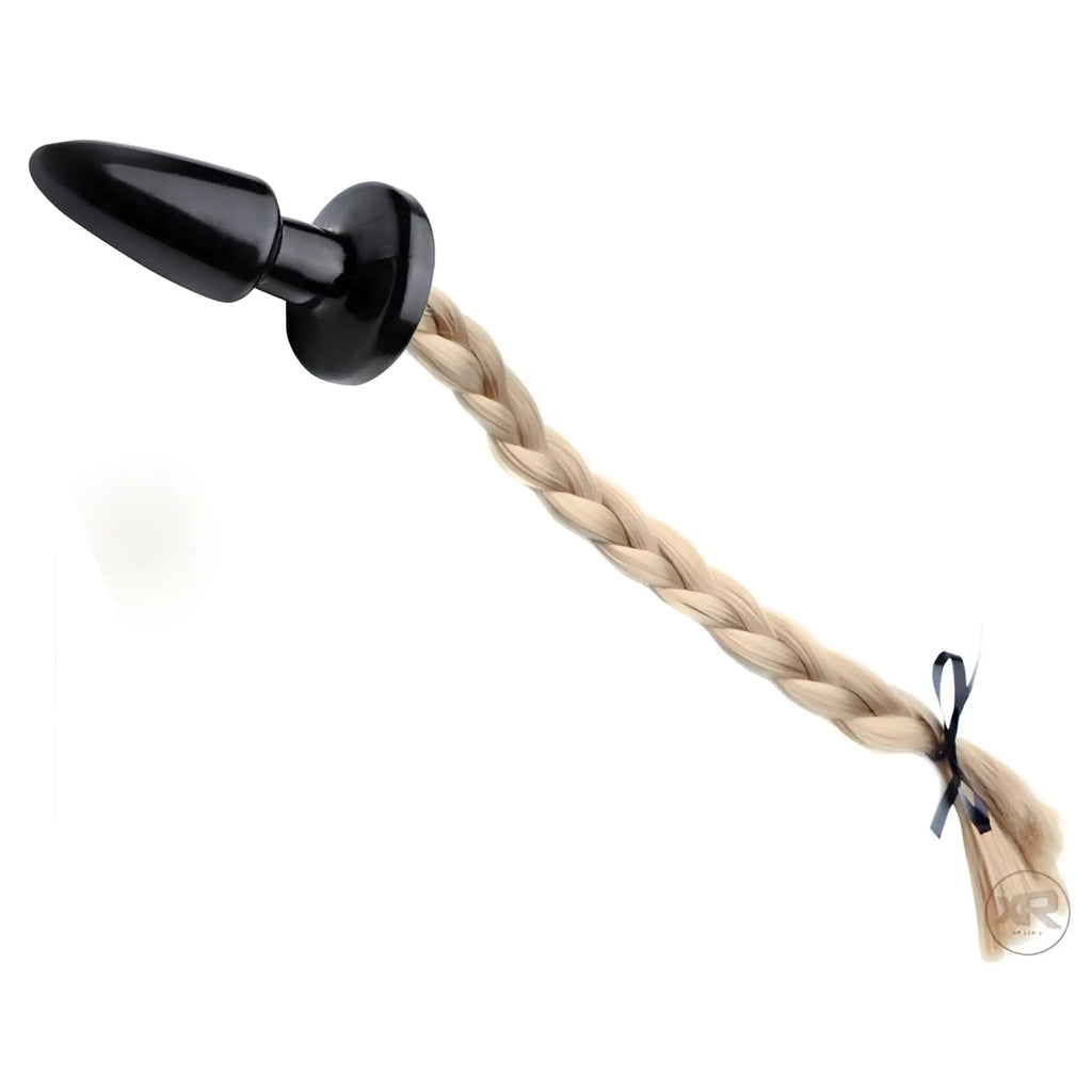 Frisky Blondie Pony Tail Butt Plug features a smooth black tapered plug attached to a long, braided blonde ponytail.