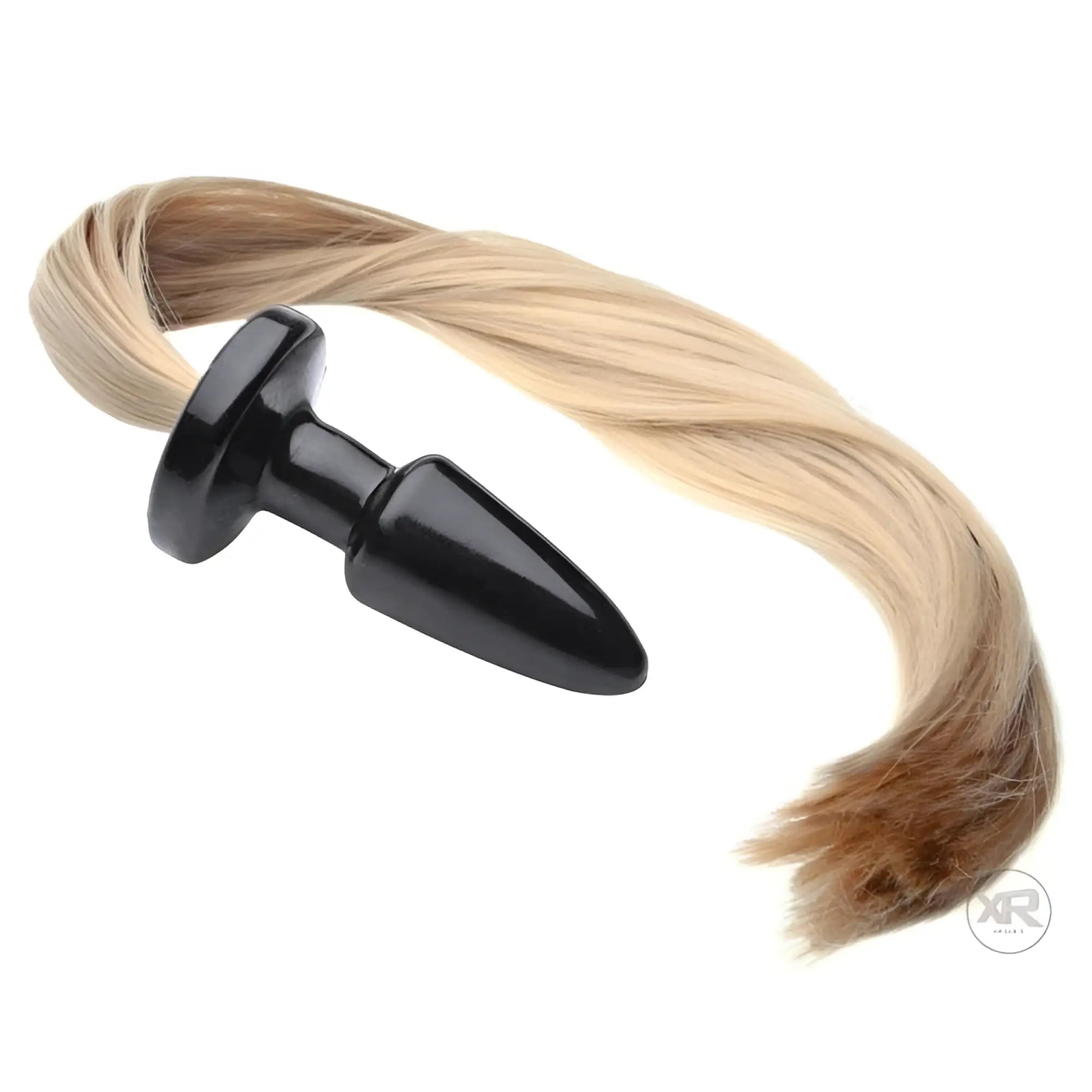 Frisky Blondie Pony Tail Butt Plug: A smooth, black plug attached to a long, blonde, straight synthetic hair ponytail.