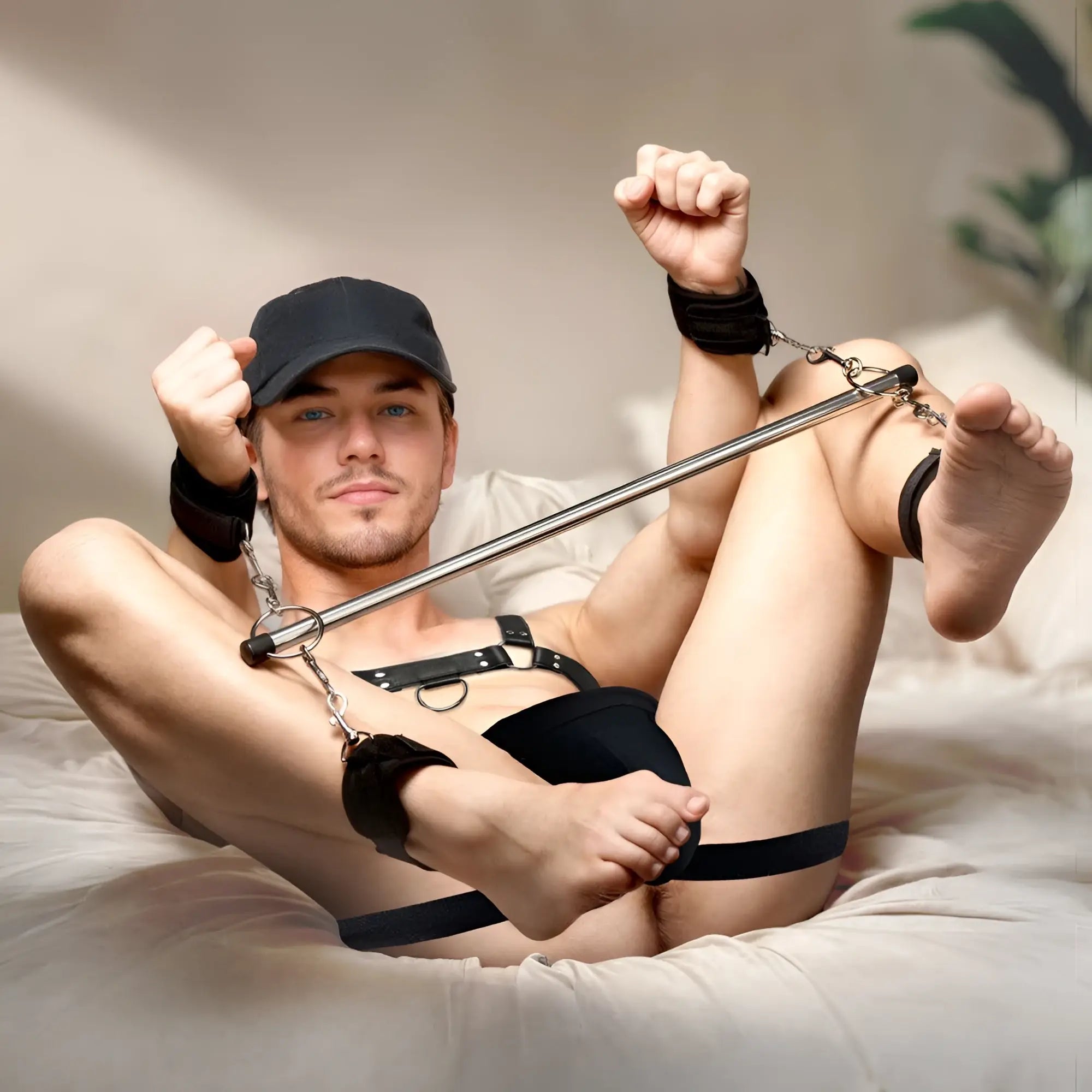Frisky The Bondage Bar: A man in a cap and black harness uses a silver spreader bar with black padded wrist cuffs.