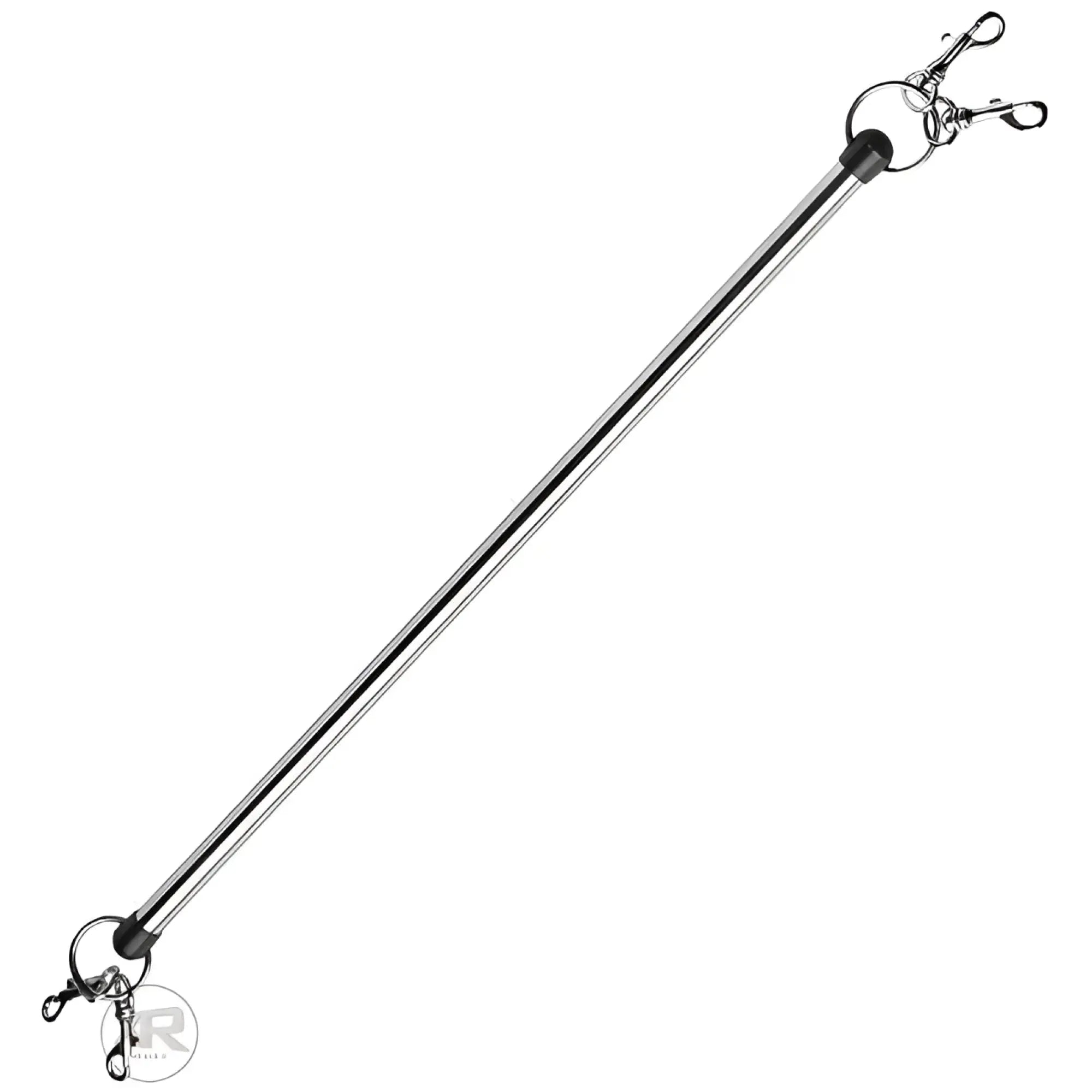 Frisky The Bondage Bar: A polished silver metal spreader bar with swivel clips at both ends on a plain white background.