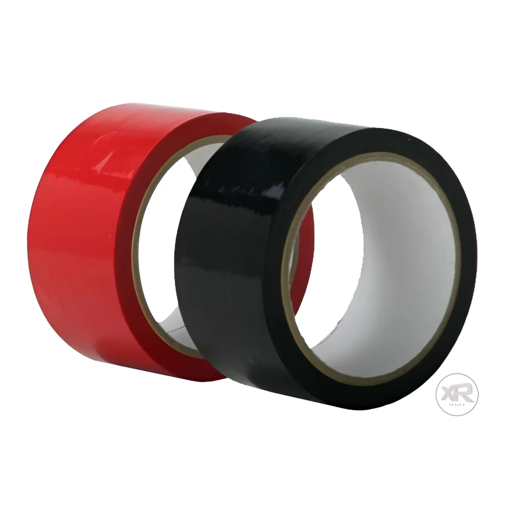 Frisky bondage tape rolls in glossy red and black, standing side-by-side against a plain white background.