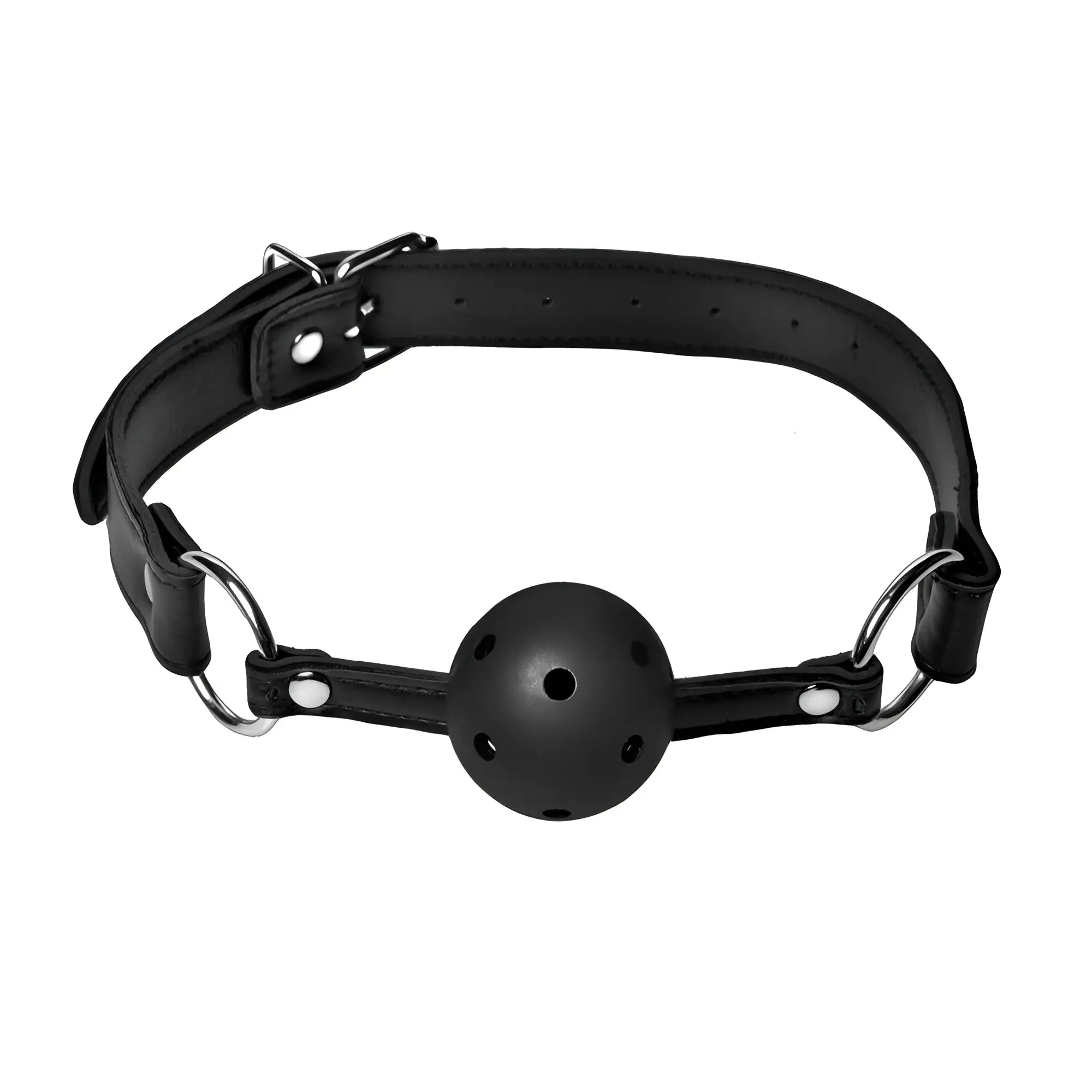 Black leather ball gag with adjustable buckle strap, metal rings, and a spherical gag with multiple air holes.