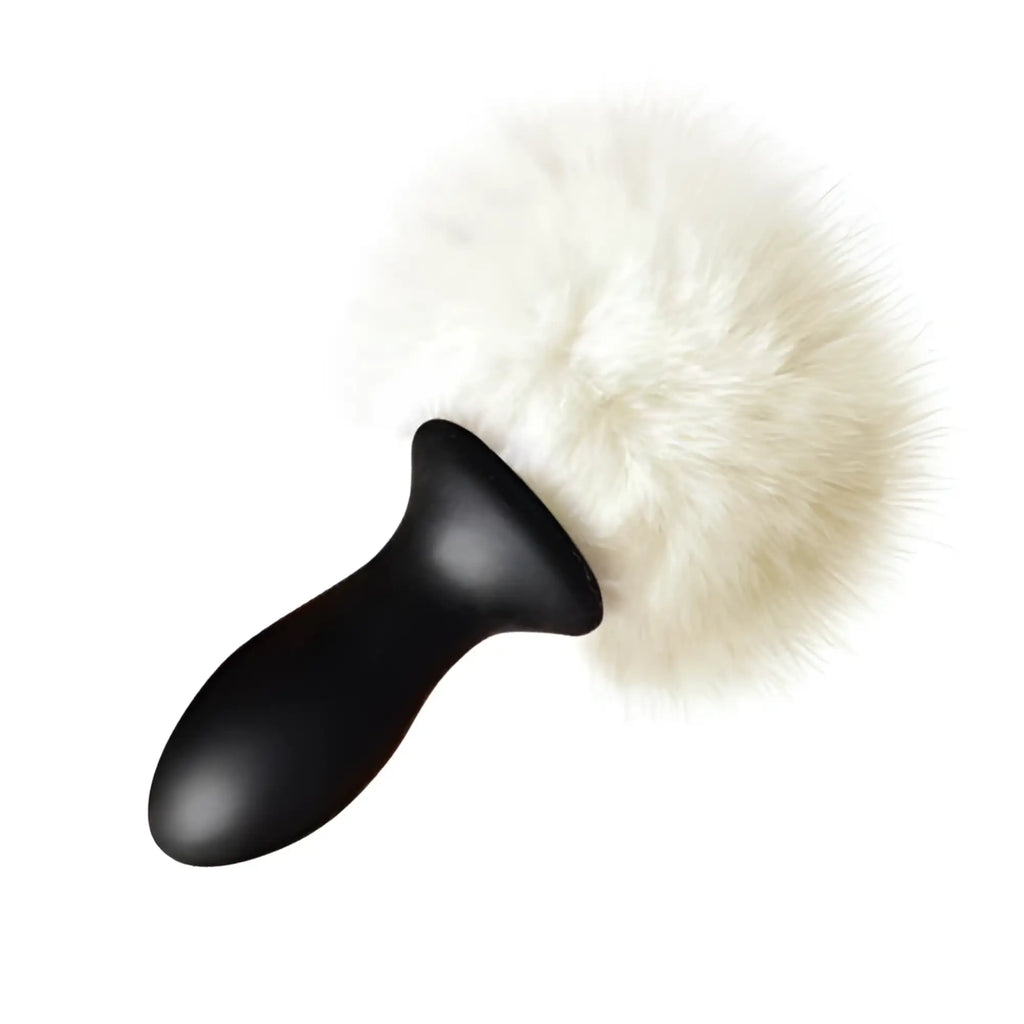 Frisky Bunny Tail Anal Plug: a smooth matte black base topped with a large, fluffy, off-white faux fur tail.
