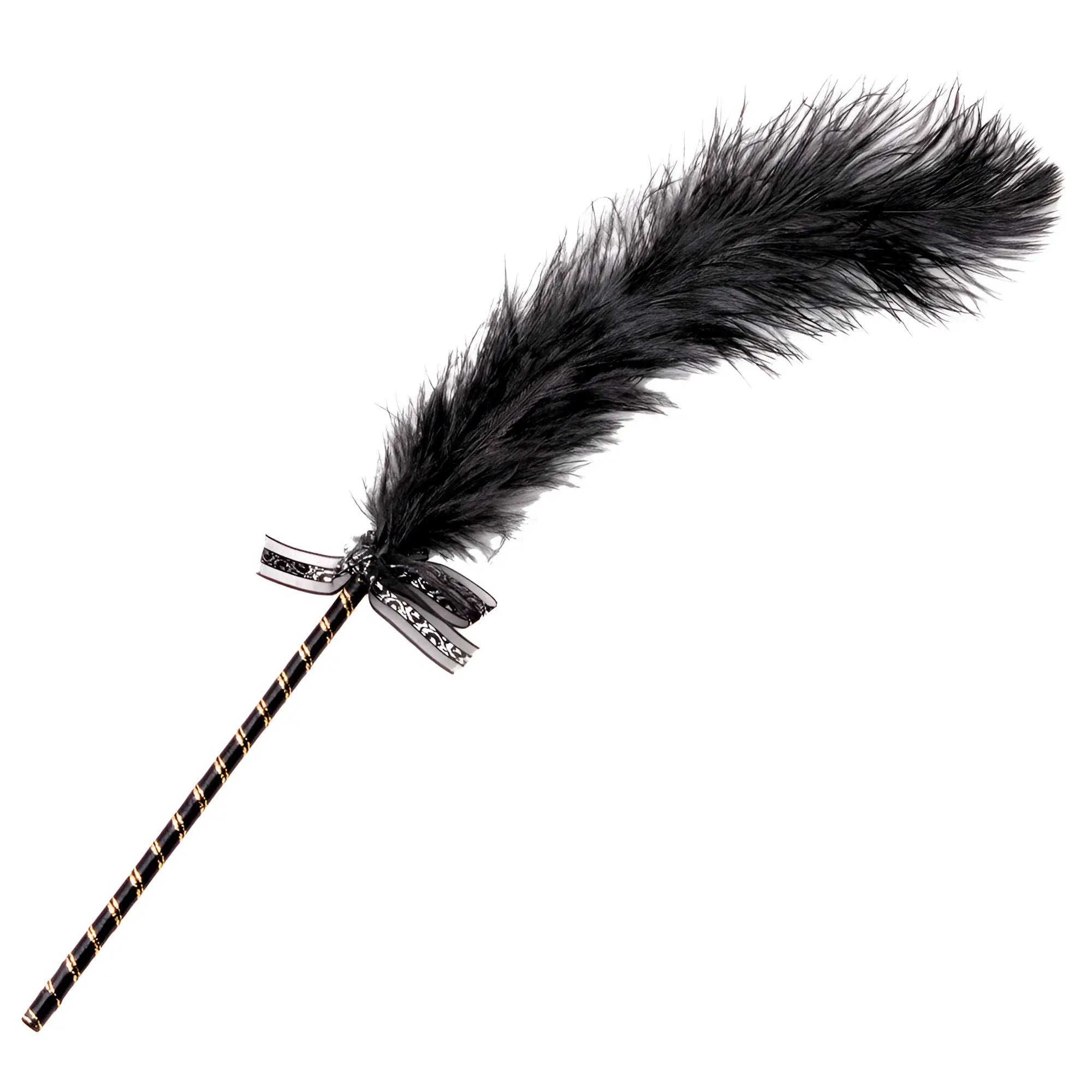 Frisky Frisky Feather Tickler: A black feathered wand with a gold-striped handle and a decorative black ribbon bow.