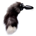 Frisky Fox Tail butt plug featuring a smooth black base attached to a fluffy, grey and black faux fur tail with white tip.