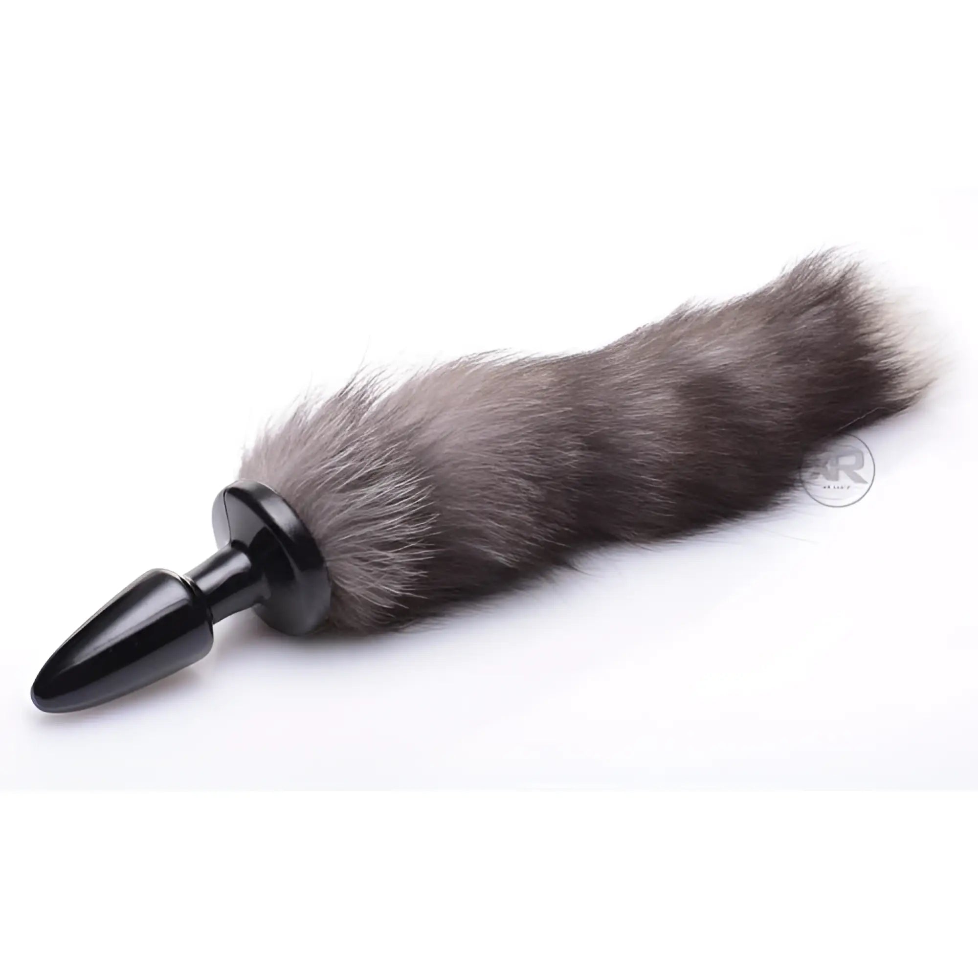 Frisky Fox Tail butt plug with a smooth, black base attached to a fluffy, grey and black faux fur fox tail.