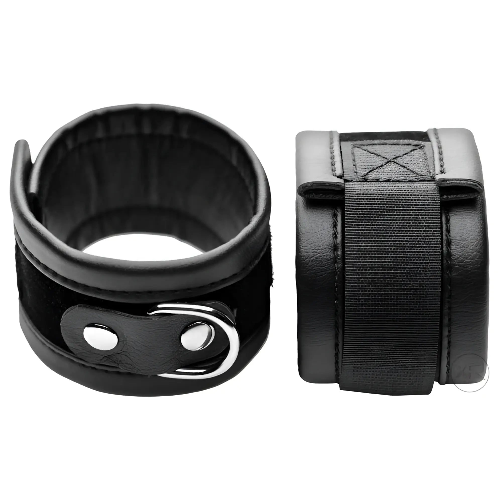 Frisky The Handle Me Wrist Cuffs: A pair of black, padded leather-style wrist restraints with adjustable metal D-rings.