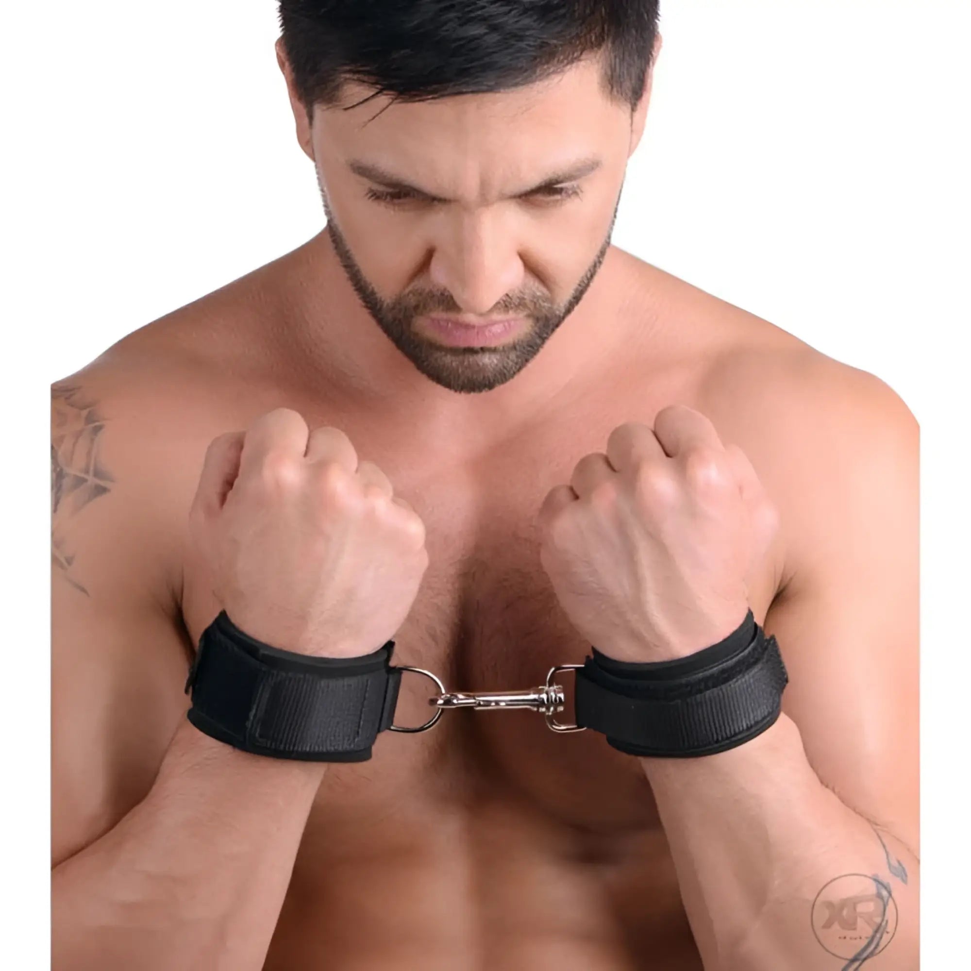 Frisky Heavy Duty Neoprene Cuffs: Black, adjustable padded wrist restraints connected by a silver metal swivel clip.