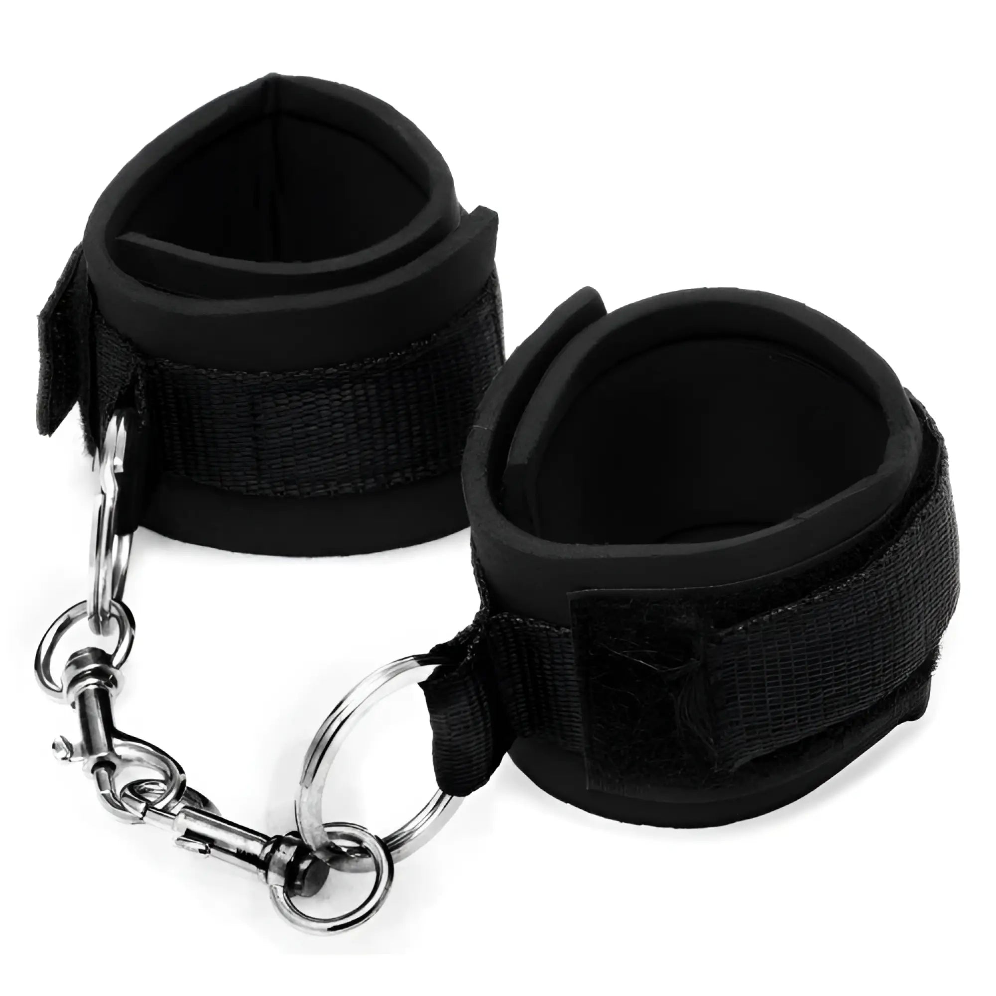 Frisky Heavy Duty Neoprene Cuffs: A pair of black, padded, velcro-fastening cuffs linked by a silver metal chain.