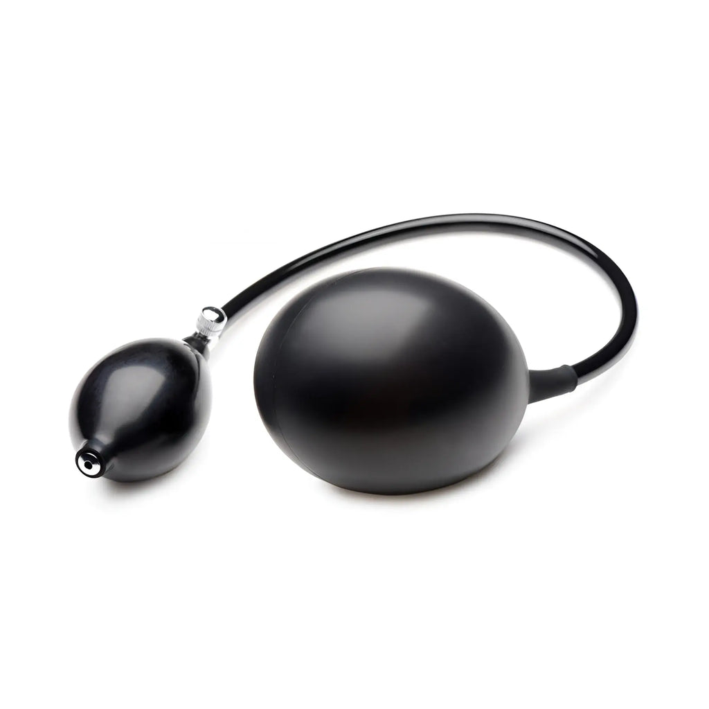 Frisky Inflatable Stimulator: A matte black, bulbous inflatable device with a hand pump, isolated on a white background.