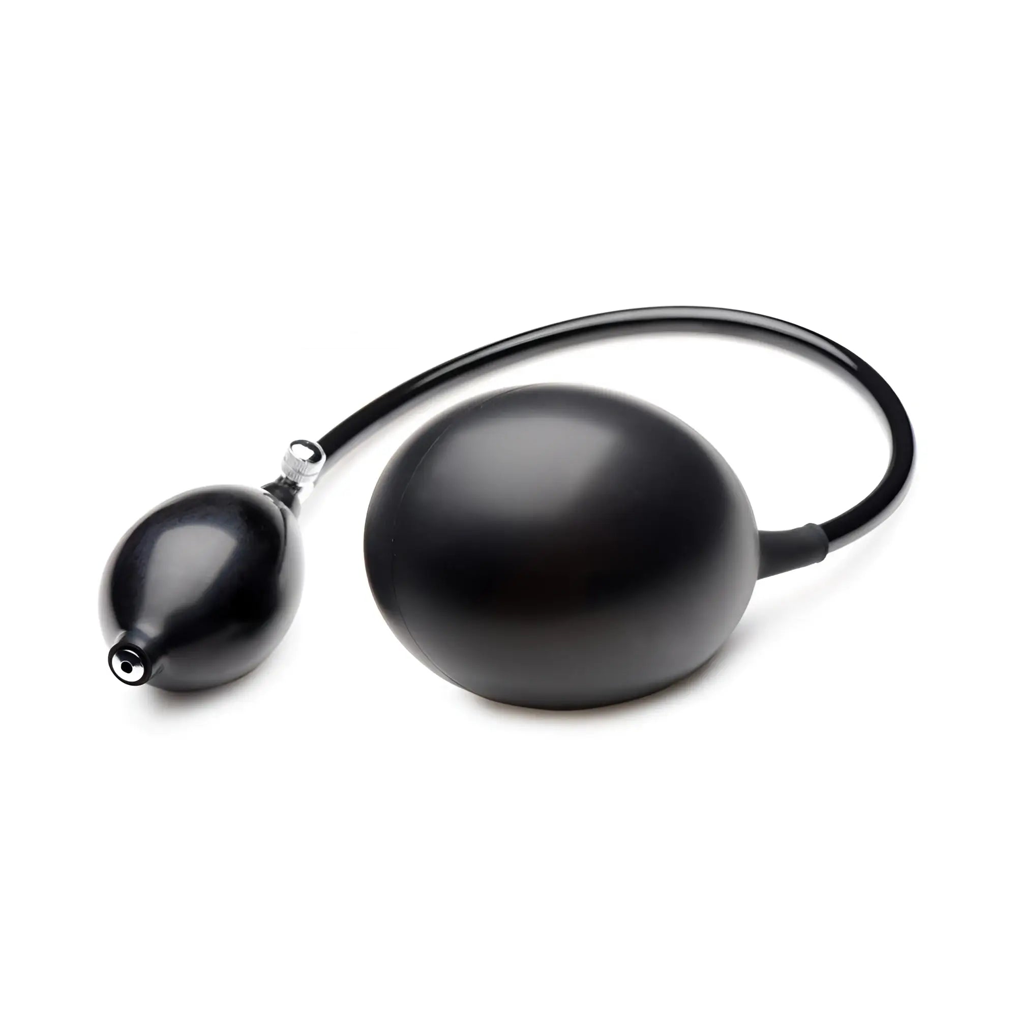 Frisky Inflatable Stimulator: A matte black, bulbous inflatable device with a hand pump, isolated on a white background.