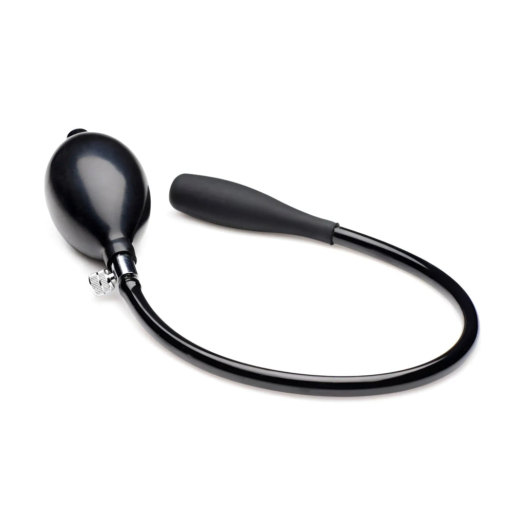 Frisky Inflatable Stimulator: A black, smooth probe connected by a black tube to a manual inflation pump.