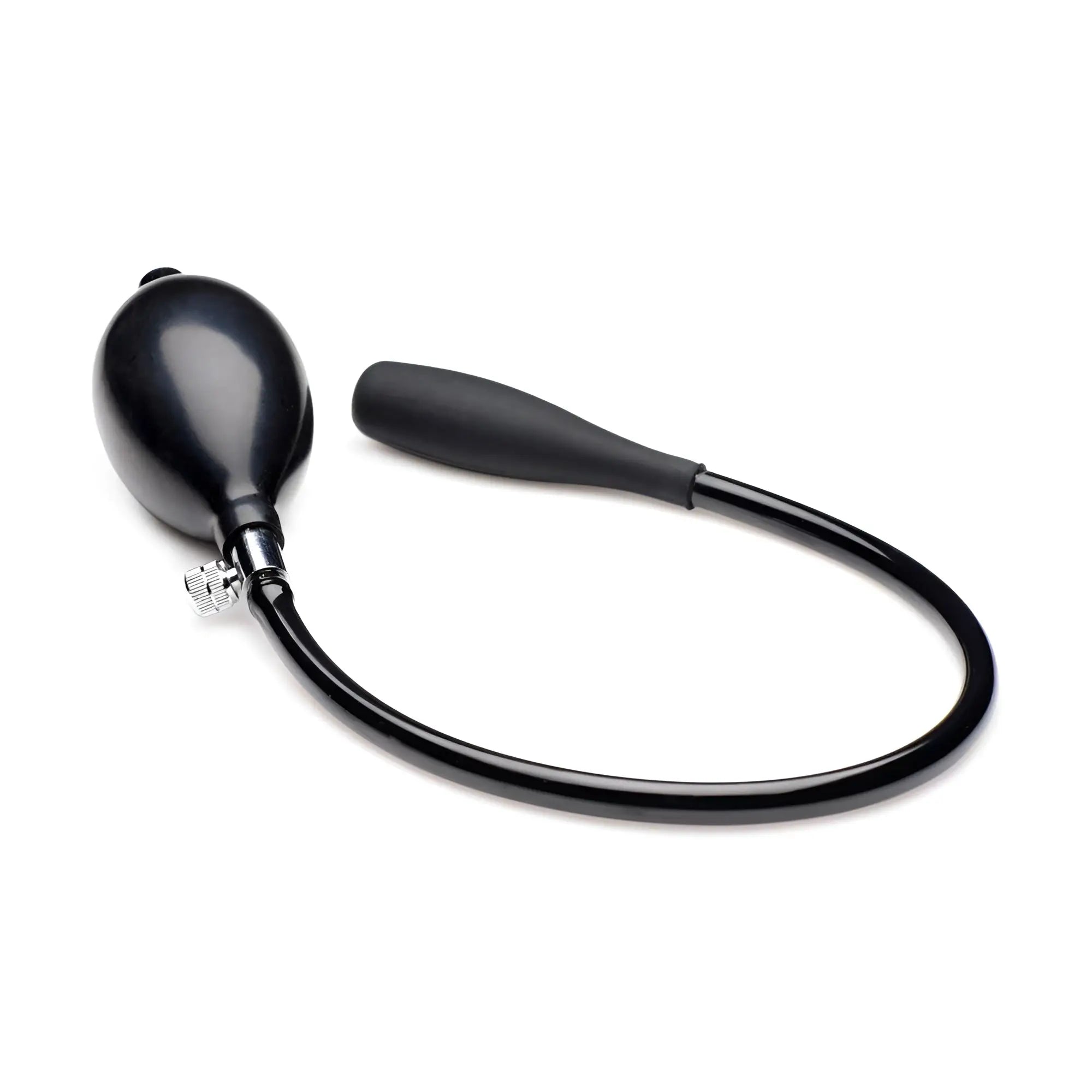 Frisky Inflatable Stimulator: A black, smooth probe connected by a black tube to a manual inflation pump.