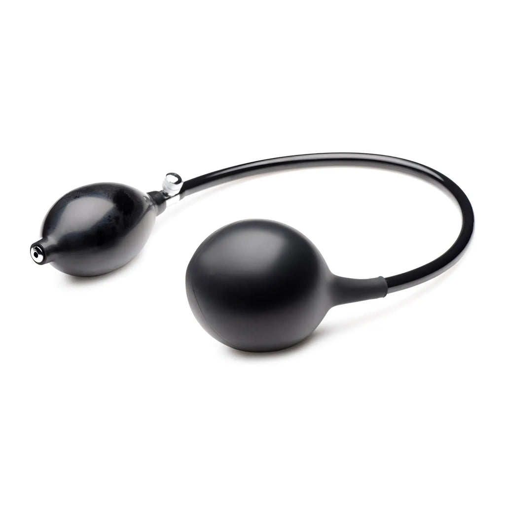 Frisky Inflatable Stimulator: A matte black inflatable ball connected by a thin tube to a black handheld squeeze pump.