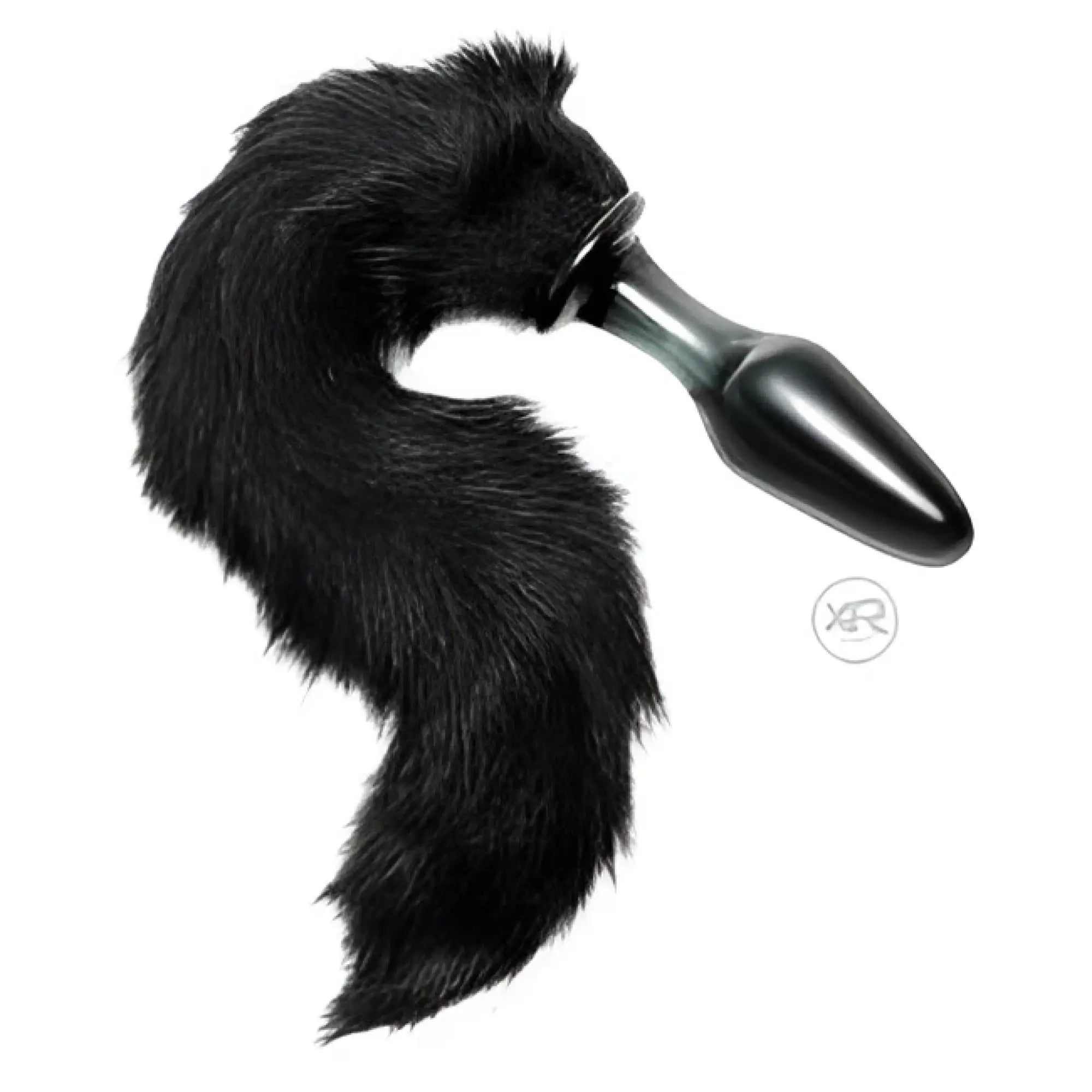 Frisky Midnight Fox glass butt plug featuring a sleek black tapered base attached to a fluffy, full black faux-fur tail.
