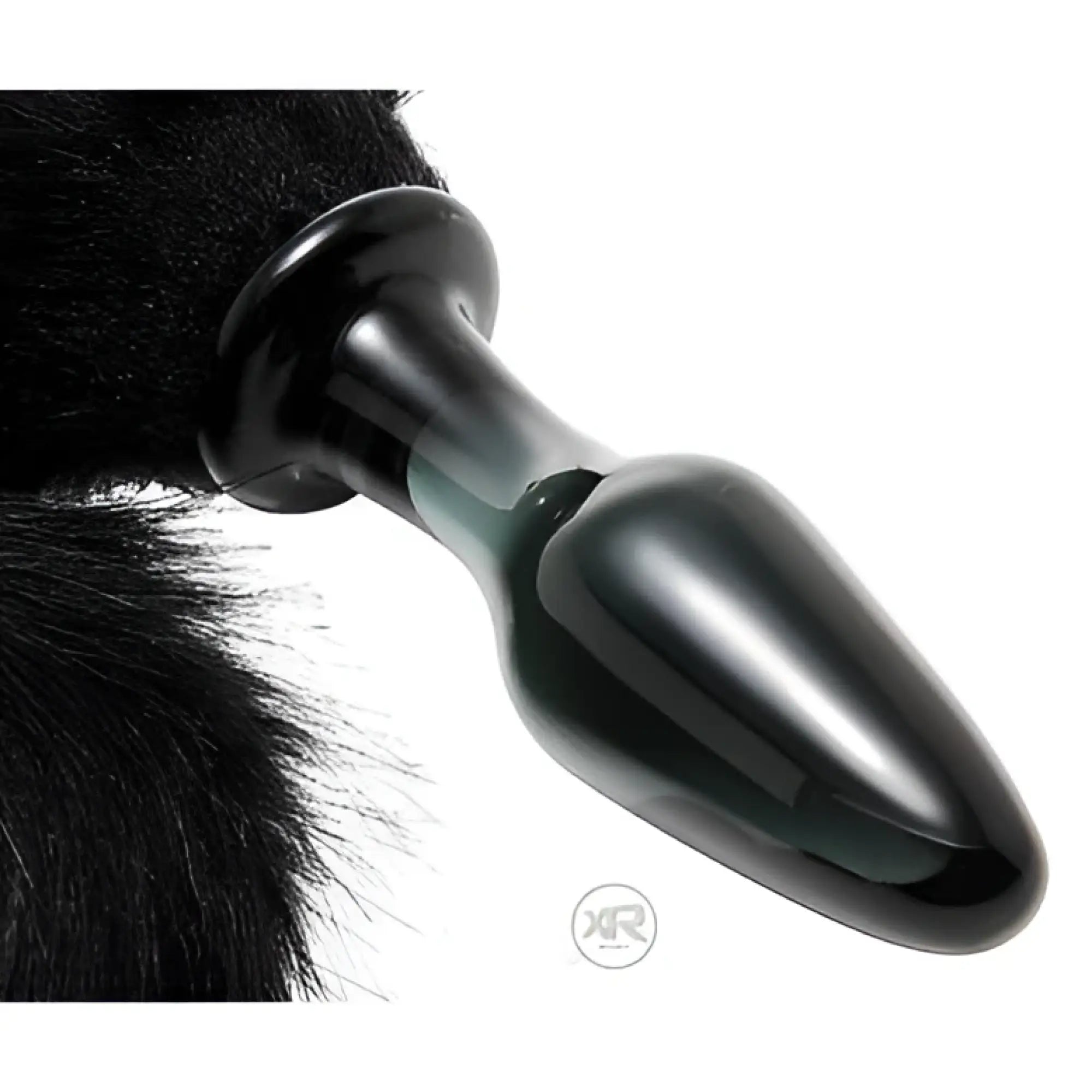 Frisky Midnight Fox glass butt plug with a black faux-fur tail, featuring a smooth, dark, teardrop-shaped glass base.