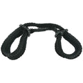 Frisky Original Sin black braided rope cuffs with adjustable plastic sliders, centered on a white background.
