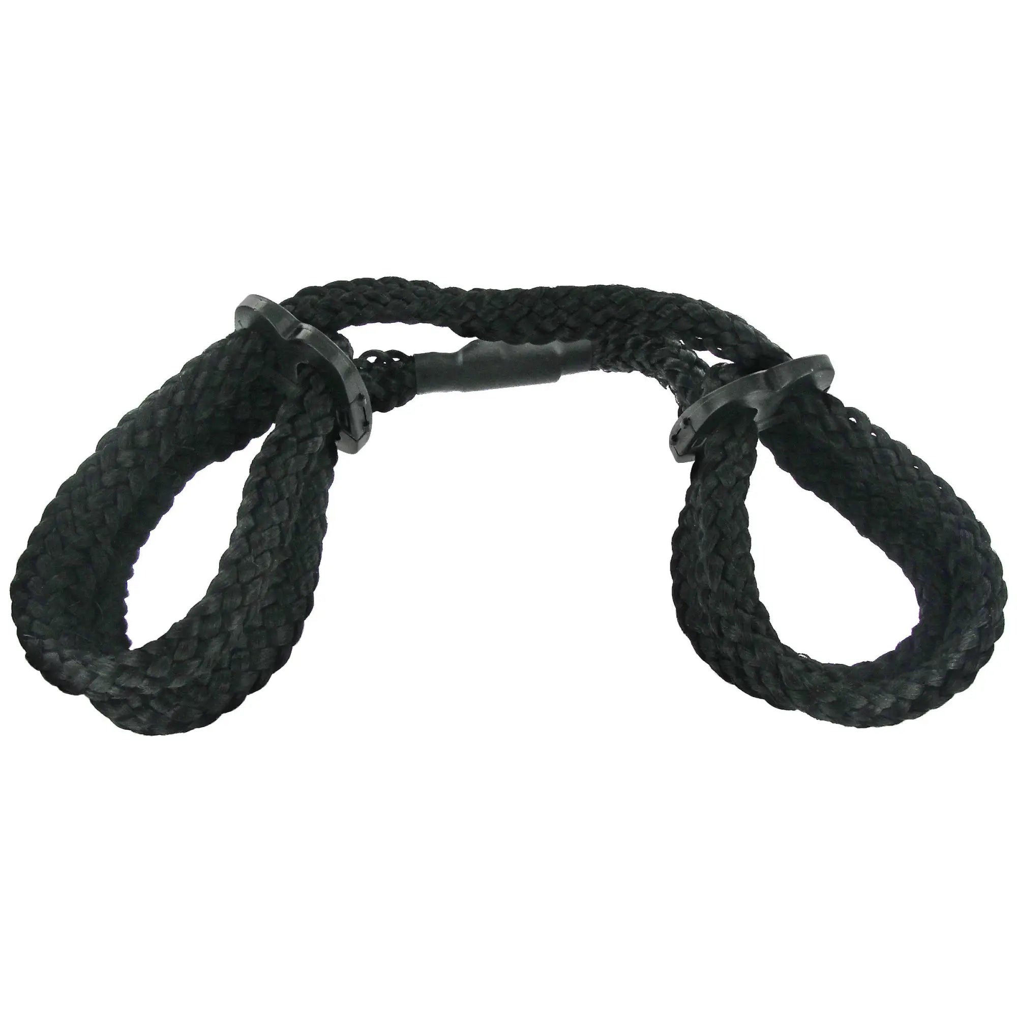 Frisky Original Sin black braided rope cuffs with adjustable plastic sliders, centered on a white background.