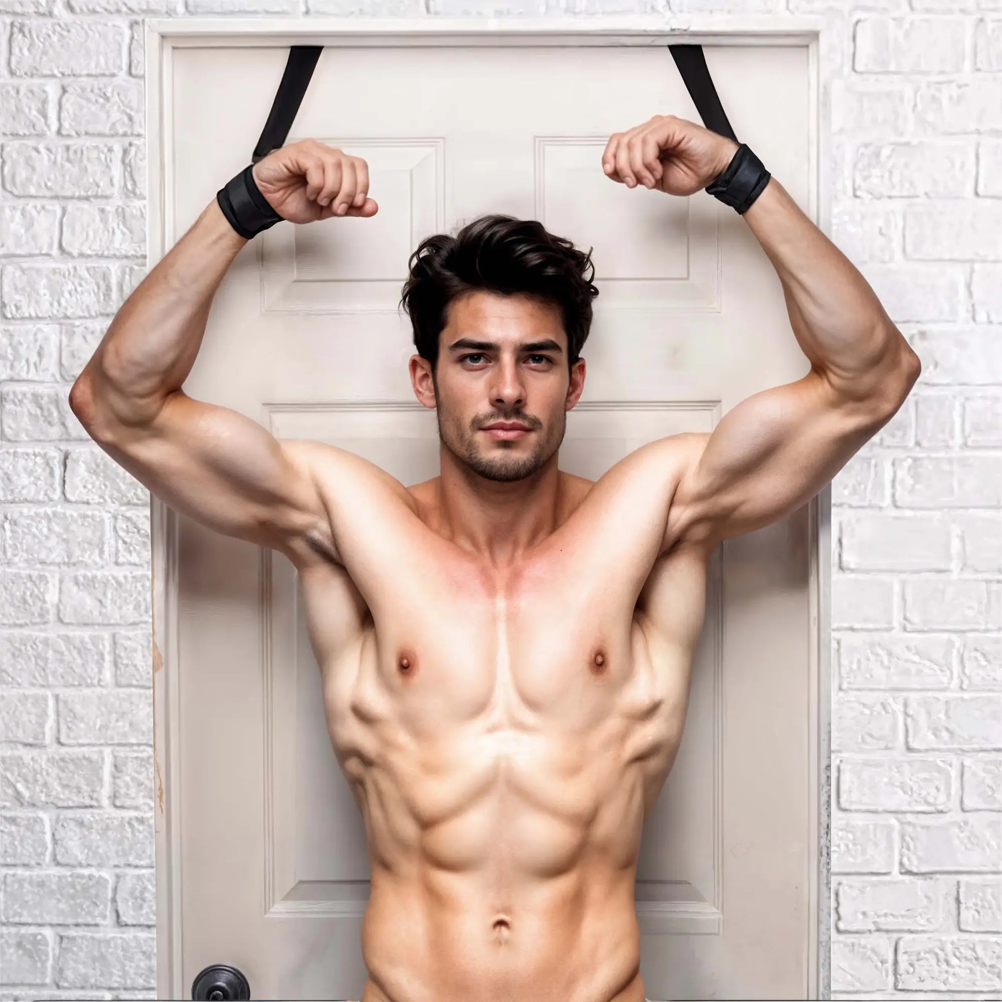 Muscular man wearing black Frisky Over the Door Entryway Restraints, arms raised against a white door.