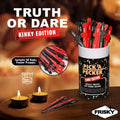 Frisky Pick A Pecker Kinky Edition: A set of black and red phallic-shaped truth or dare sticks in a decorative tube.