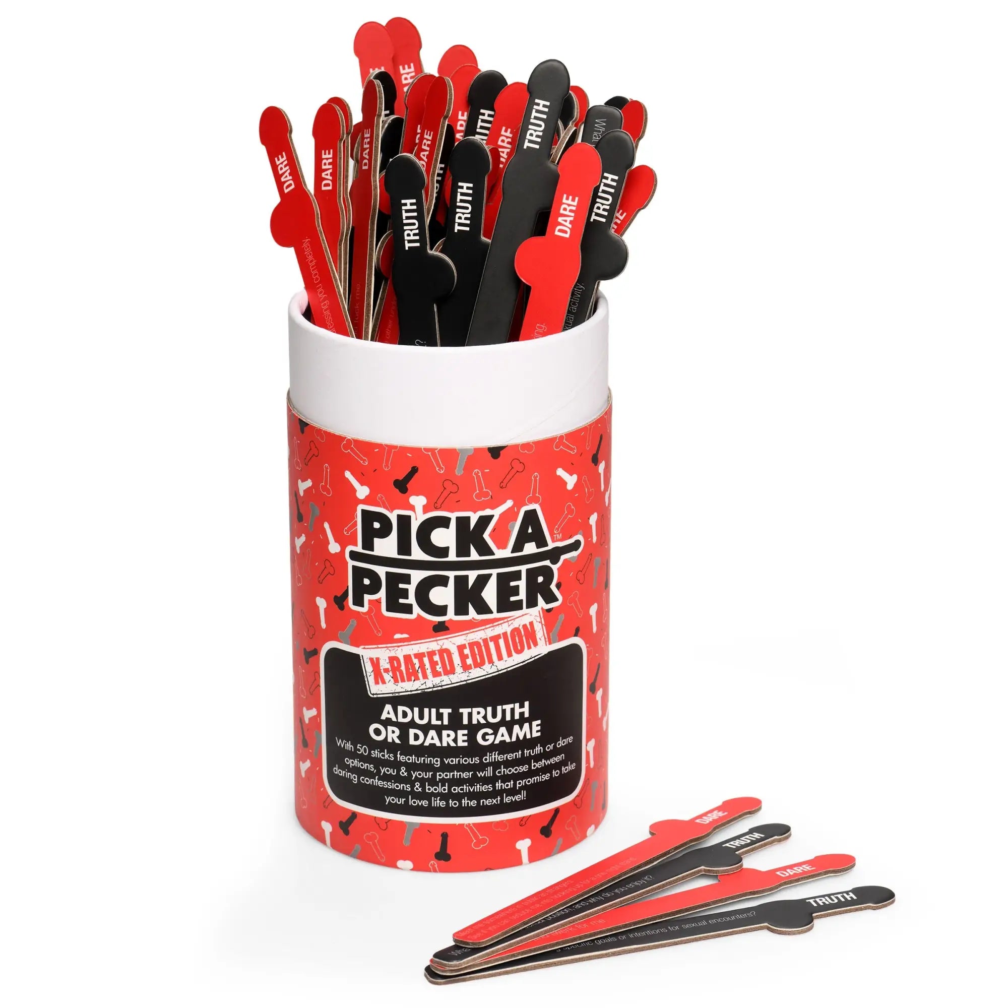 Frisky Pick A Pecker Adult Truth or Dare game in a red and white patterned canister with phallic-shaped prompt sticks.