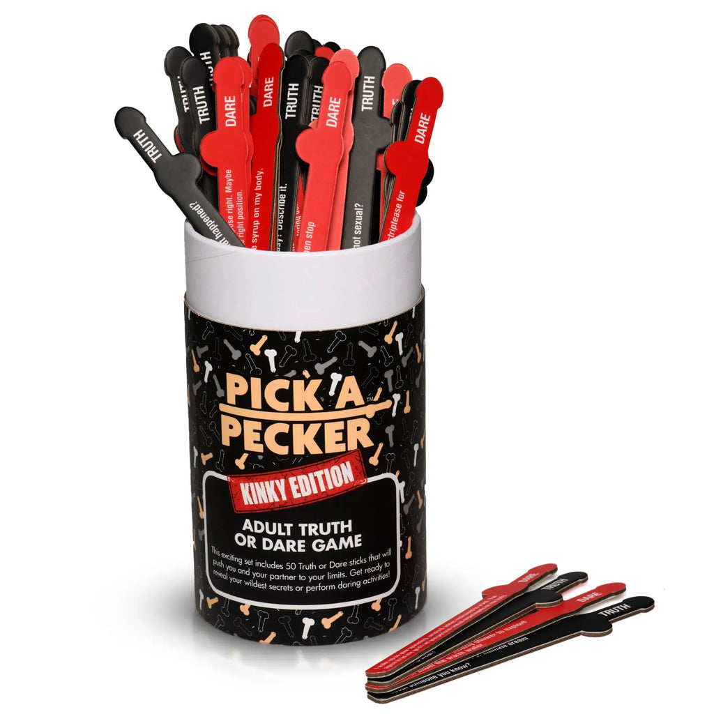 Frisky Pick A Pecker Adult Truth or Dare game with red and black sticks in a cylindrical tube on a white background.