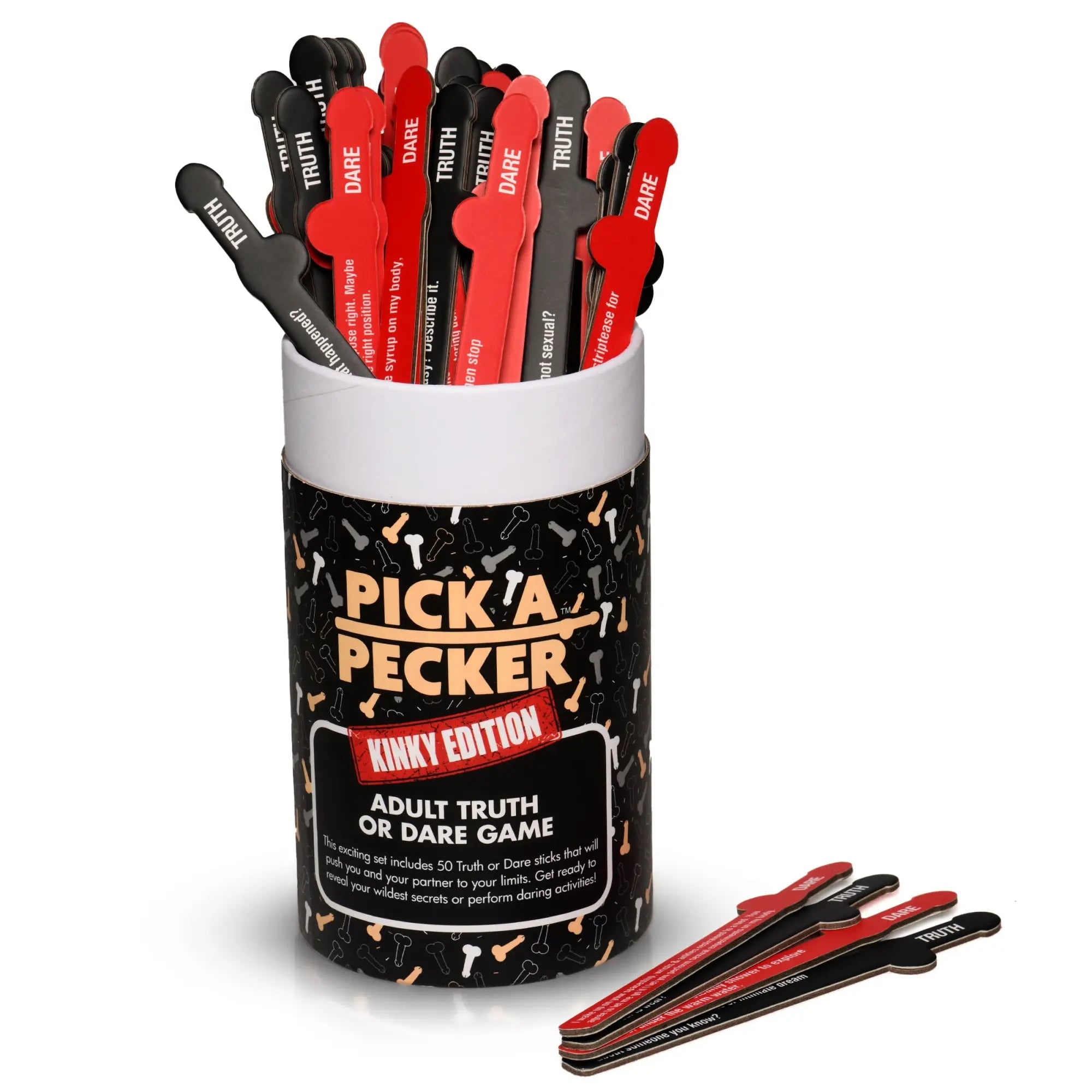 Frisky Pick A Pecker Adult Truth or Dare game with red and black sticks in a cylindrical tube on a white background.