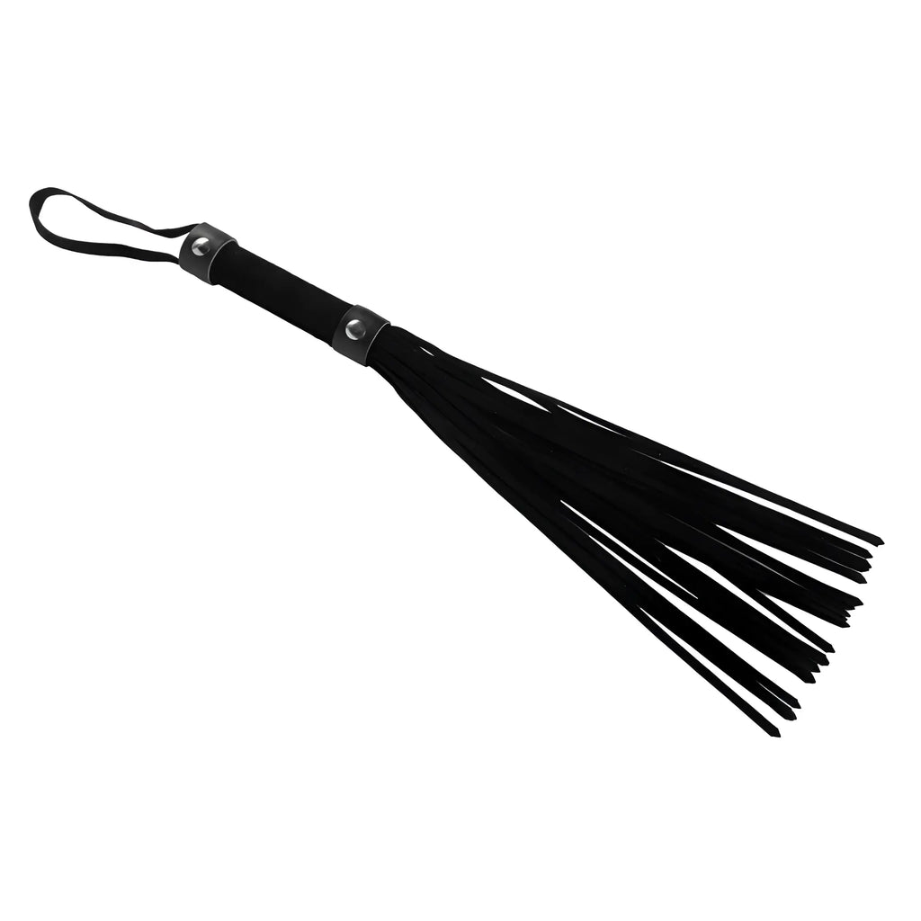 Frisky Pocket Flogger in black featuring a short handle with silver accents and long, thin leather-like strips.