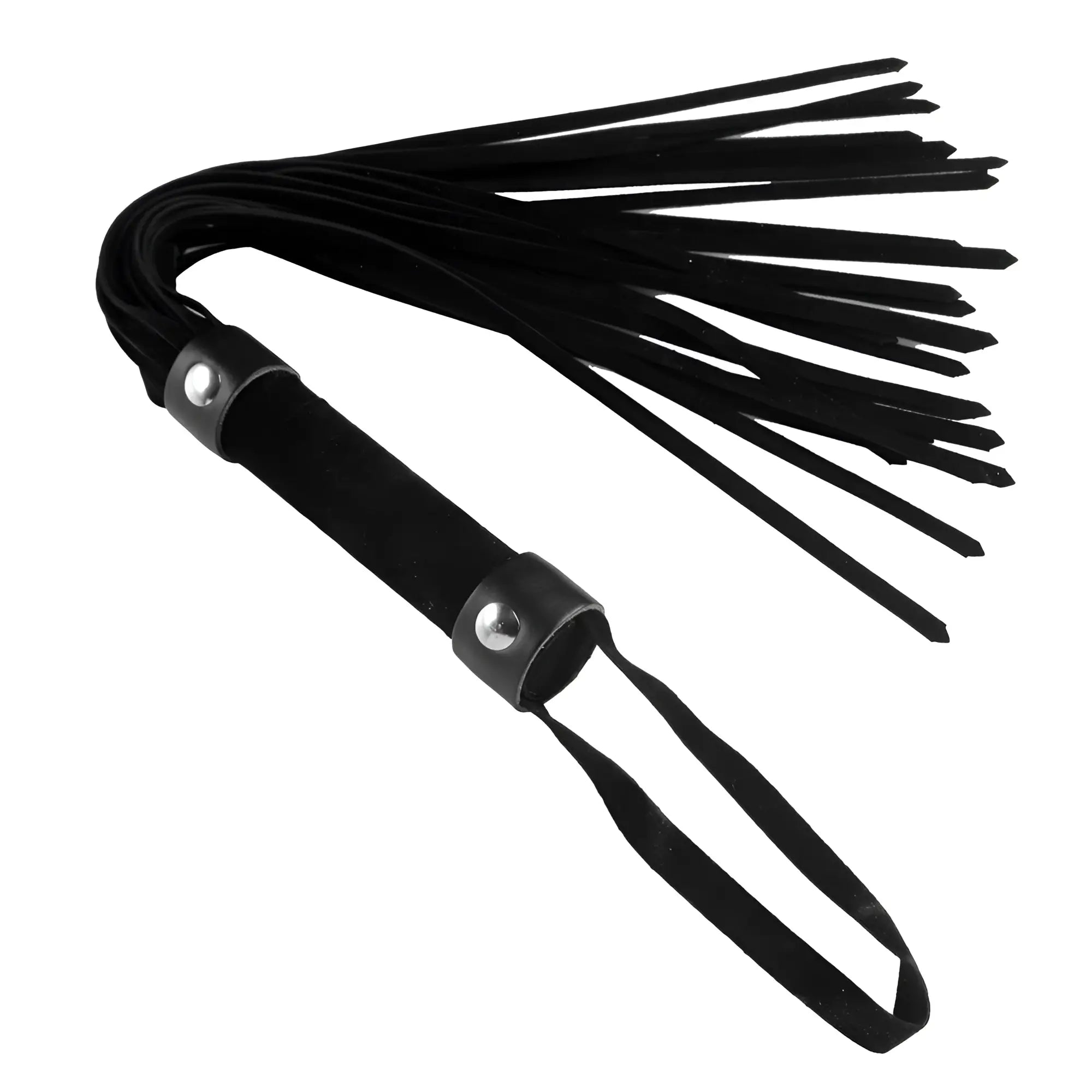 Frisky Pocket Flogger: A black suede handheld flogger with silver studs, a textured grip, and a wrist loop.