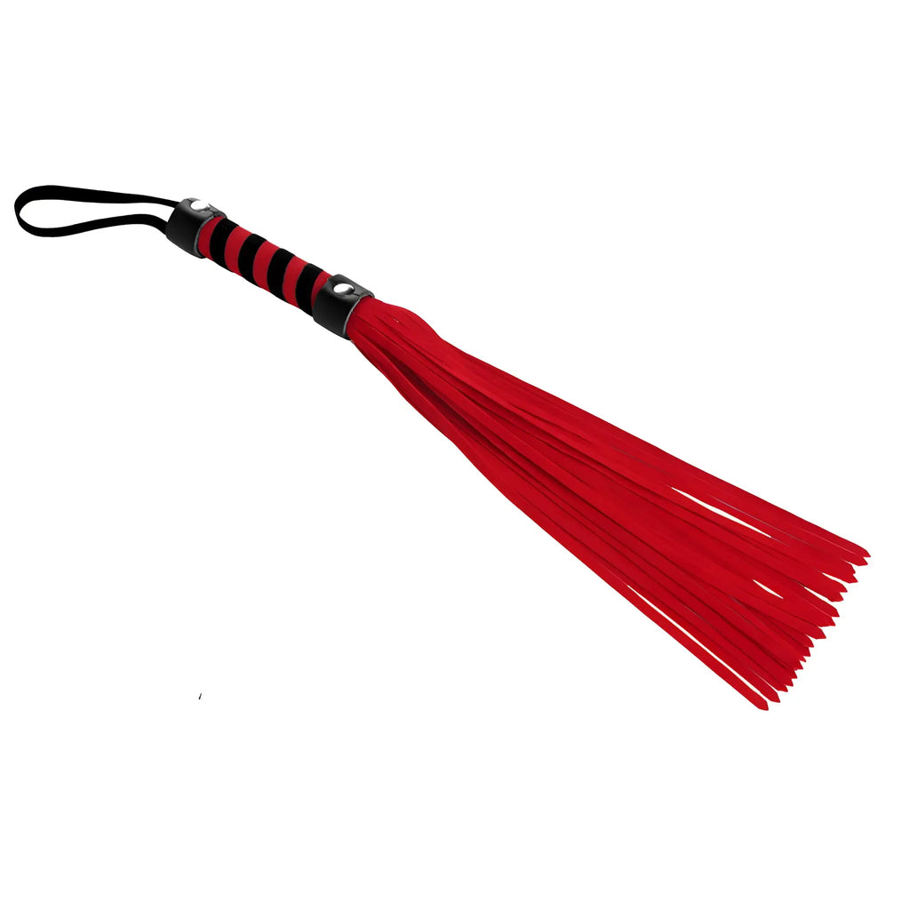 Frisky Pocket Flogger with a red and black striped handle and long, bright red faux suede strips on a white background.