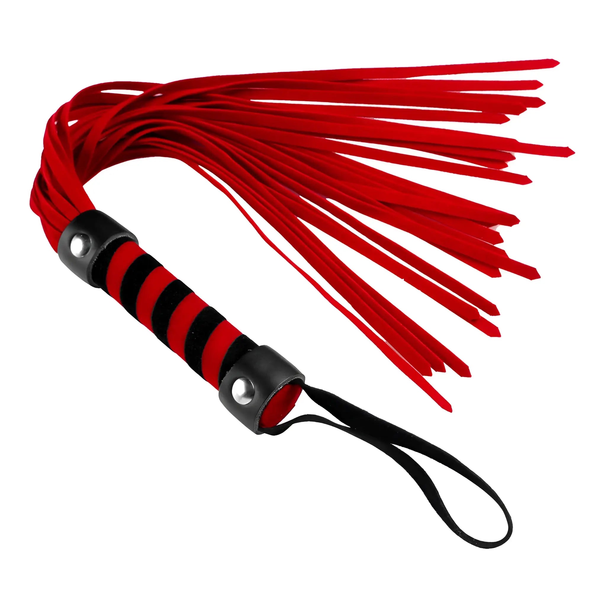 Frisky Pocket Flogger with red leather strands and a black and red striped handle featuring a wrist loop.