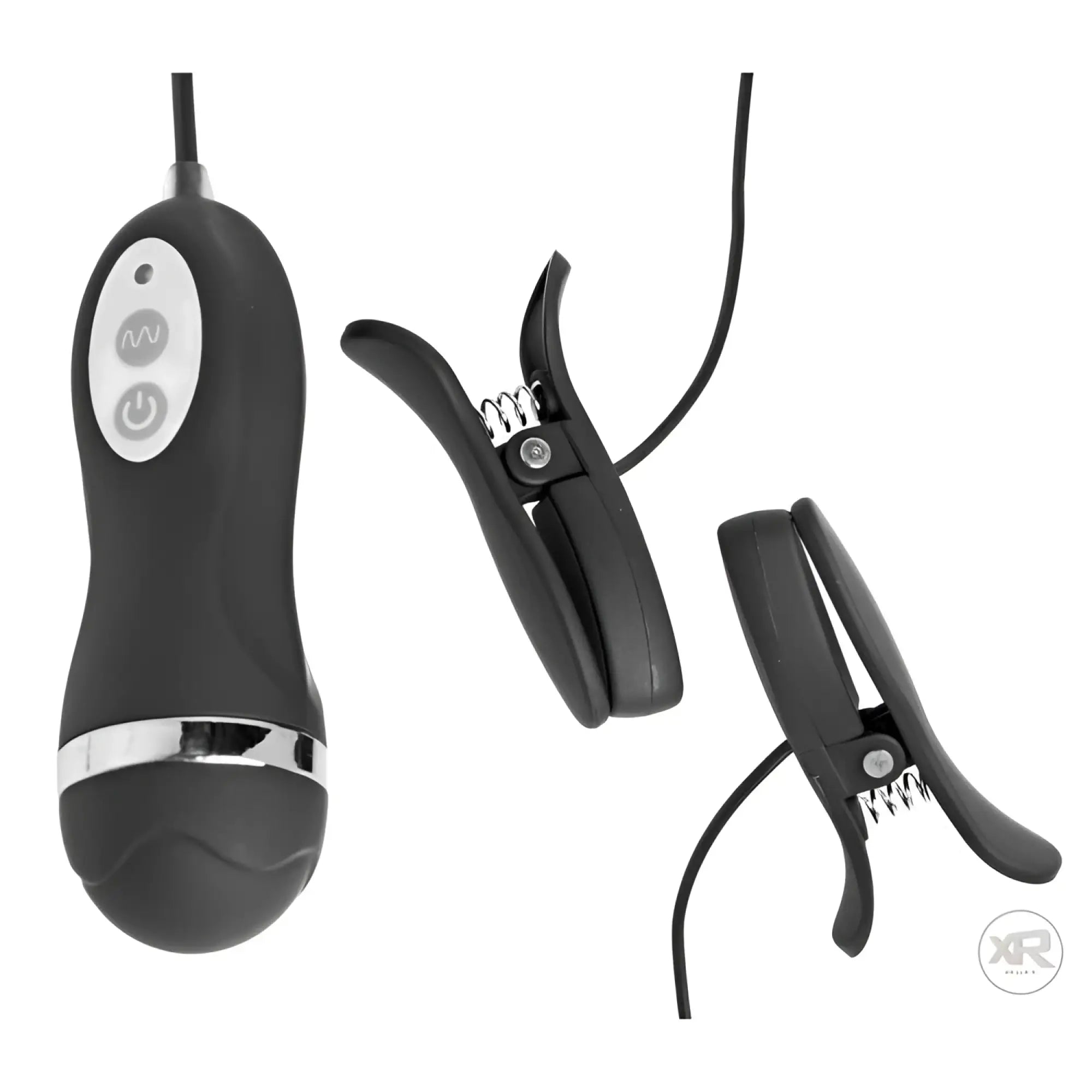 Frisky Power Pinchers: Matte black vibrating nipple clamps with a handheld remote control and wired connectors.