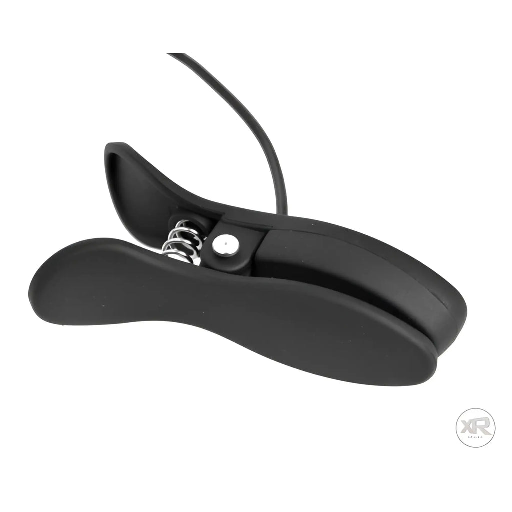 Frisky Power Pinchers: Matte black spring-loaded vibrating nipple clamp with a cord on a clean white background.