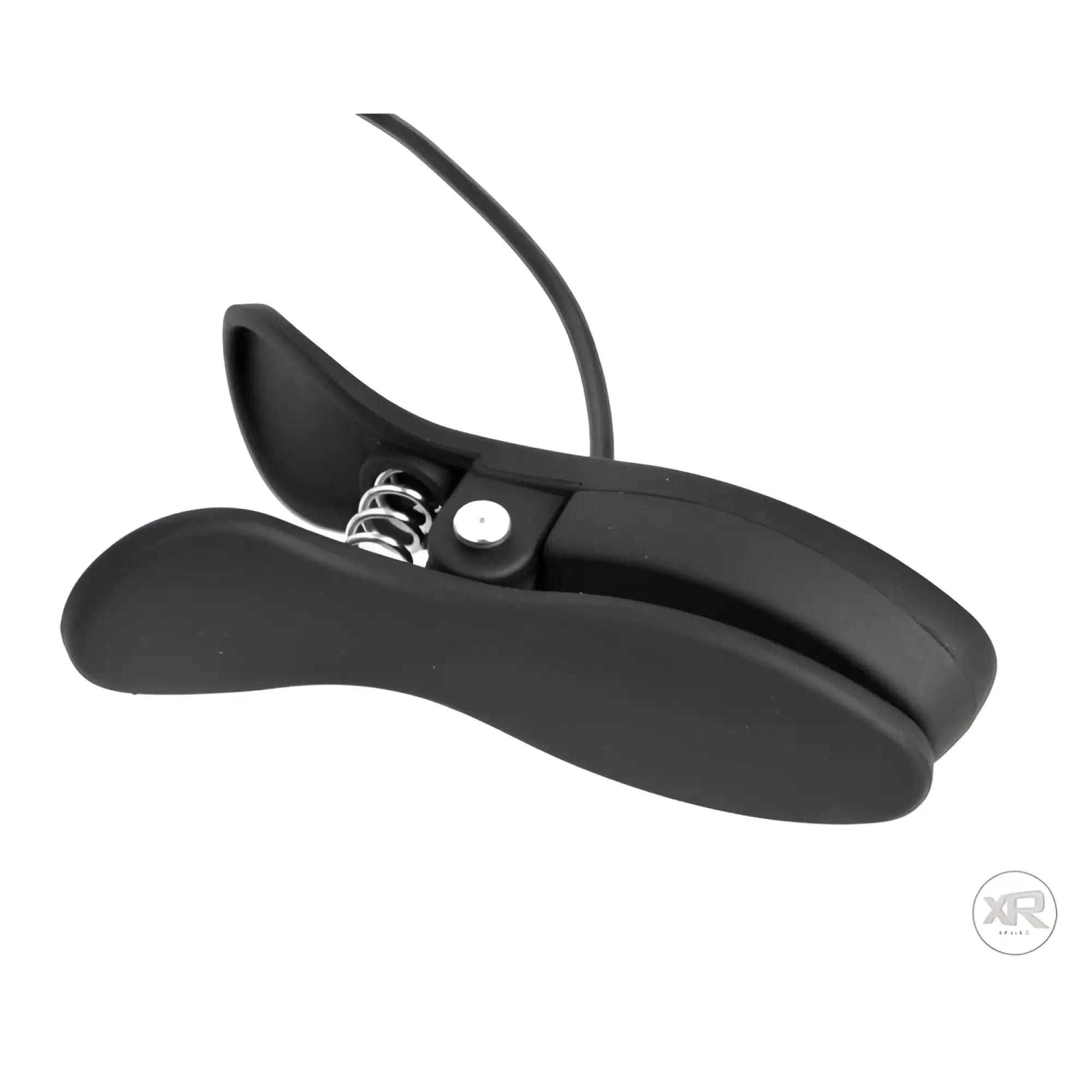Frisky Power Pinchers: Matte black spring-loaded vibrating nipple clamp with a cord on a clean white background.