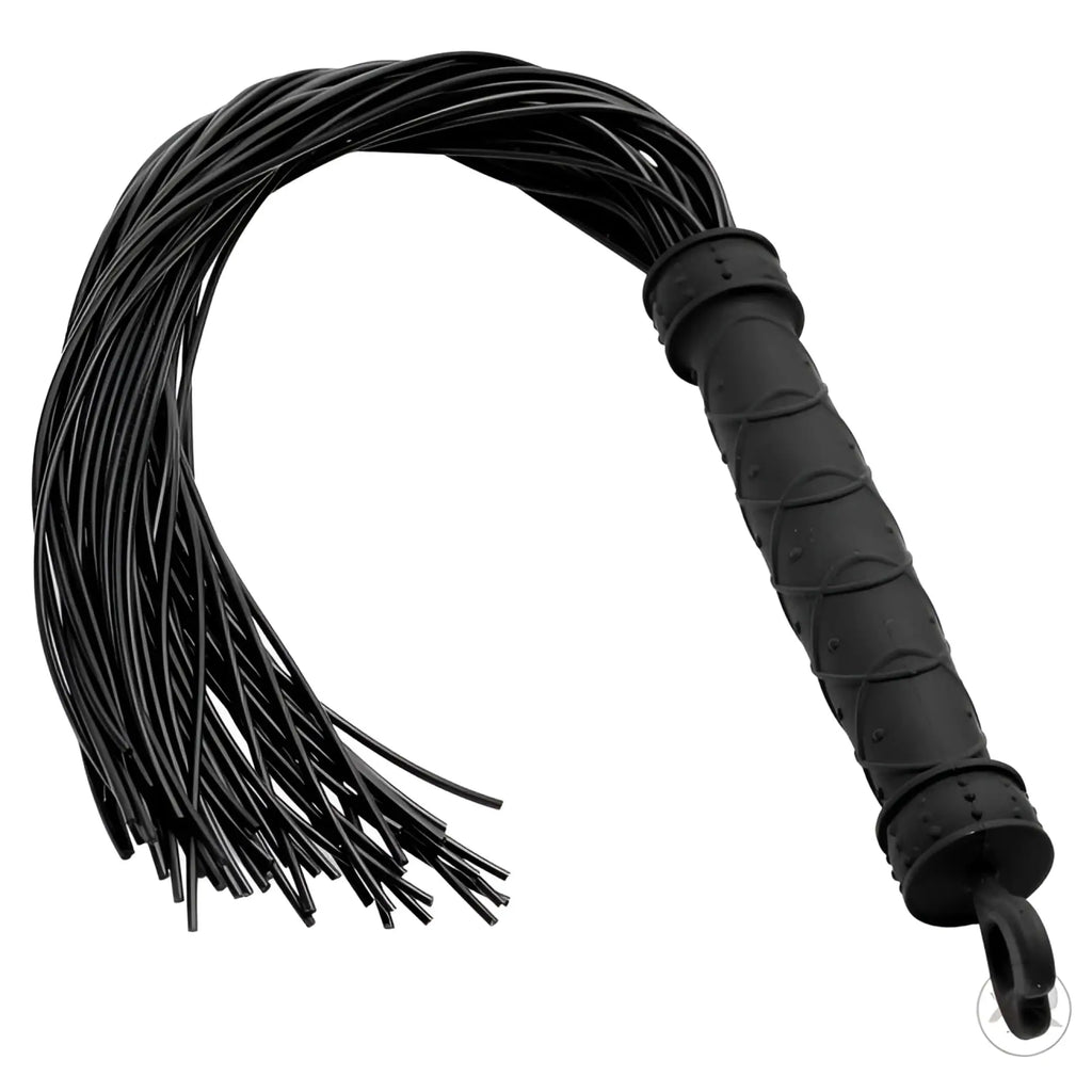Frisky Punish Me black silicone flogger with a textured, lattice-patterned handle and multiple flexible strips.