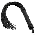 Frisky Punish Me black silicone flogger with a textured, lattice-patterned handle and multiple flexible strips.