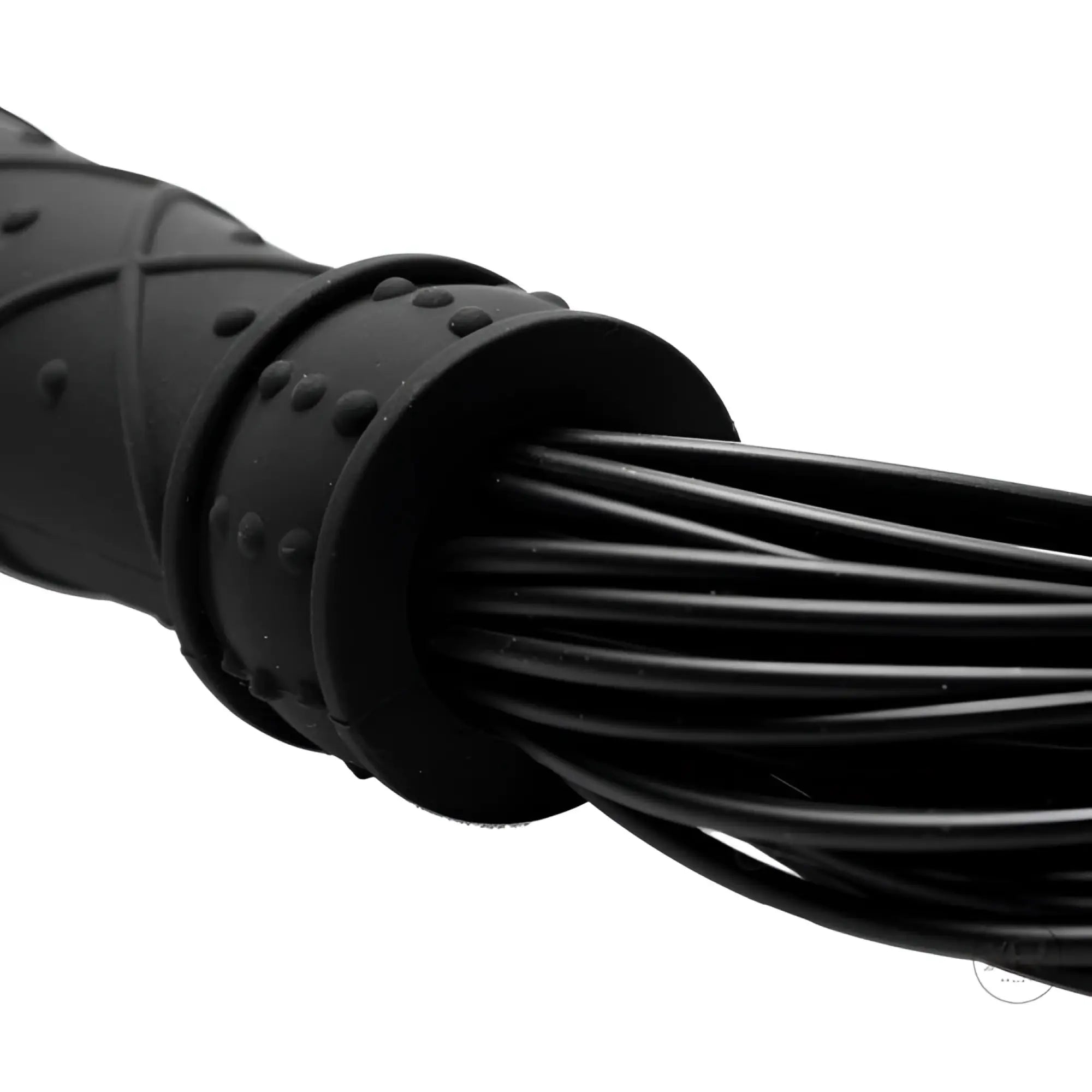 Frisky Punish Me Silicone Flogger: A close-up of a black, textured handle with multiple thin, flexible silicone tails.