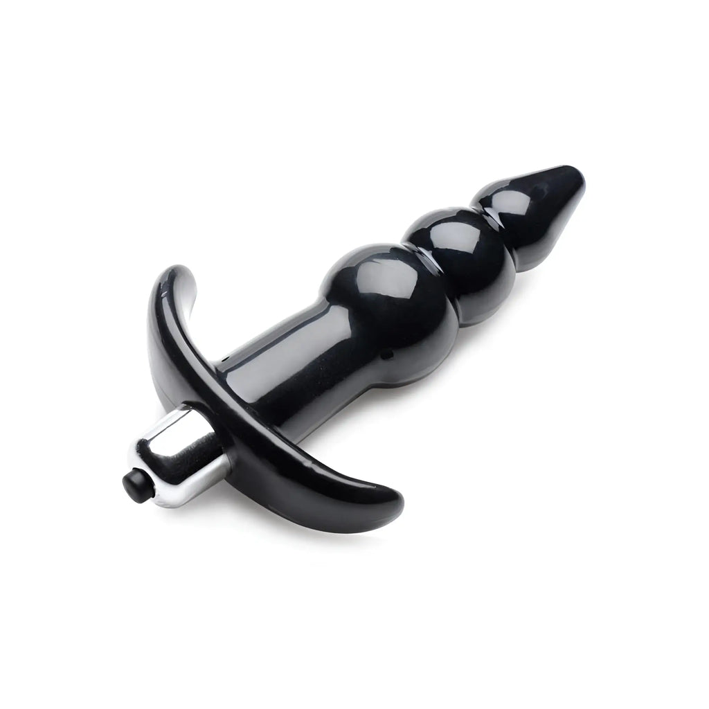 Frisky Ribbed Vibrating Butt Plug: a glossy black, tapered plug with a silver control base on a white background.