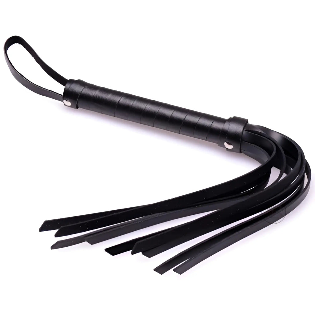 Frisky Rubber Strand Mini-Flogger: A black, compact rubber-textured whip with a looped handle and multiple thin strands.