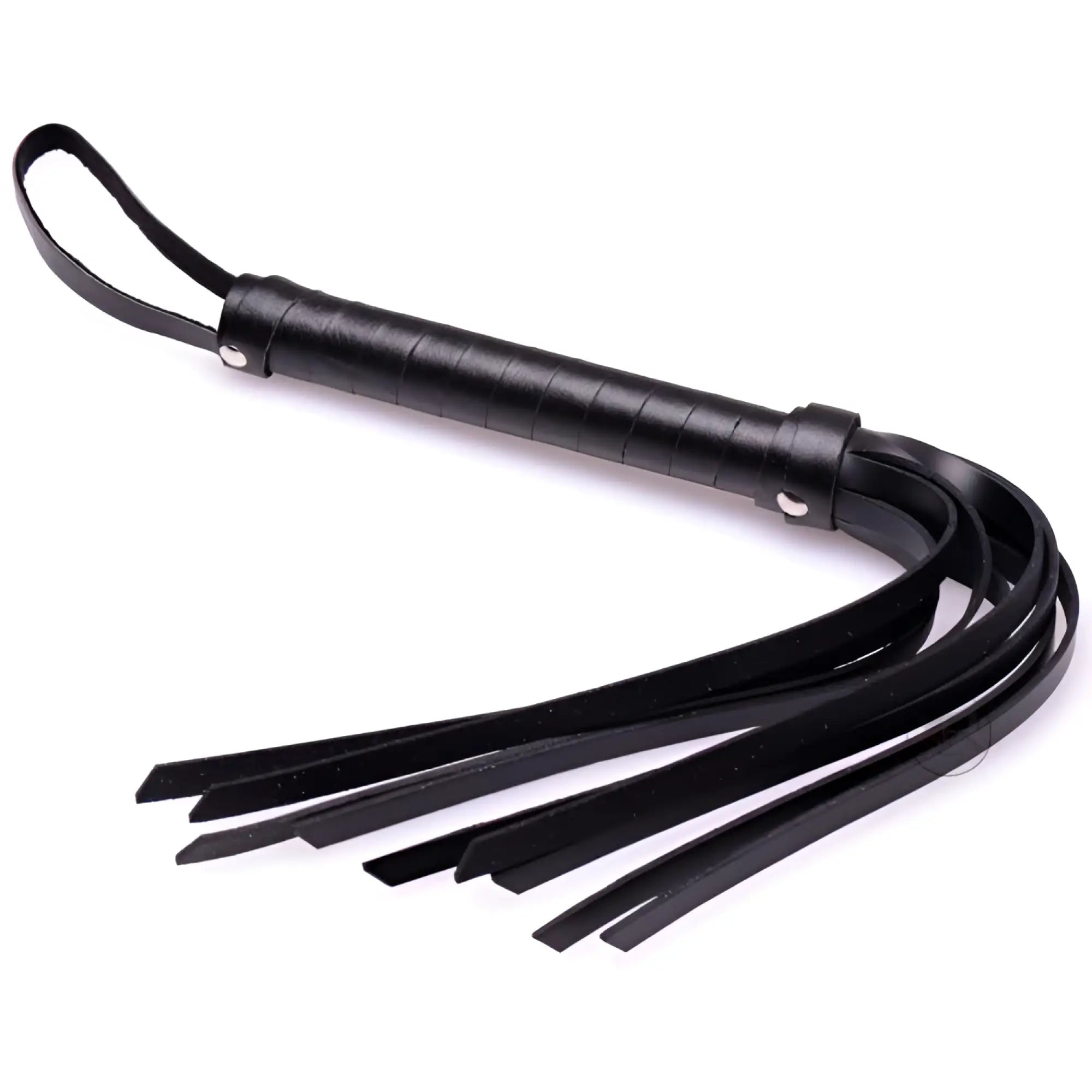 Frisky Rubber Strand Mini-Flogger: A black, compact rubber-textured whip with a looped handle and multiple thin strands.