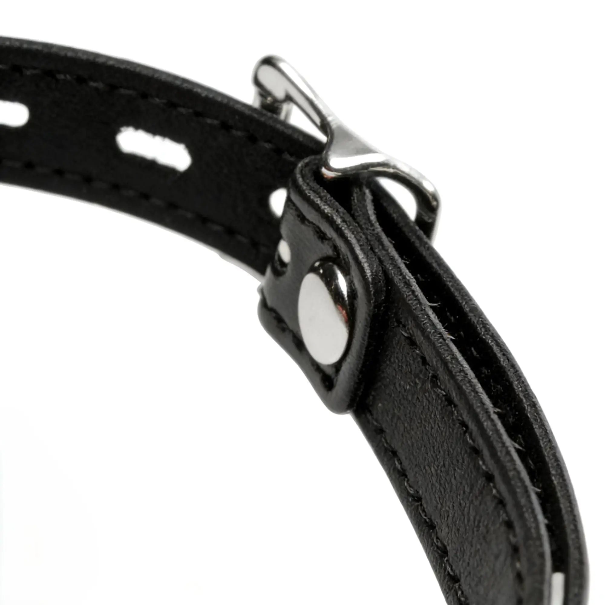 Close-up of the black leather strap and silver metal buckle on the Frisky Silicone Comfort Ball Gag.
