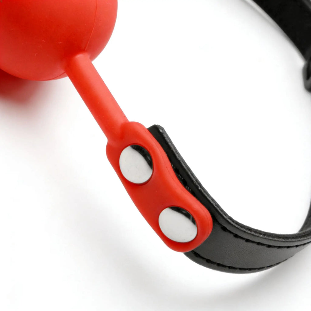 Frisky Silicone Comfort Ball Gag features a red silicone ball and connector attached to a black leather-style strap.