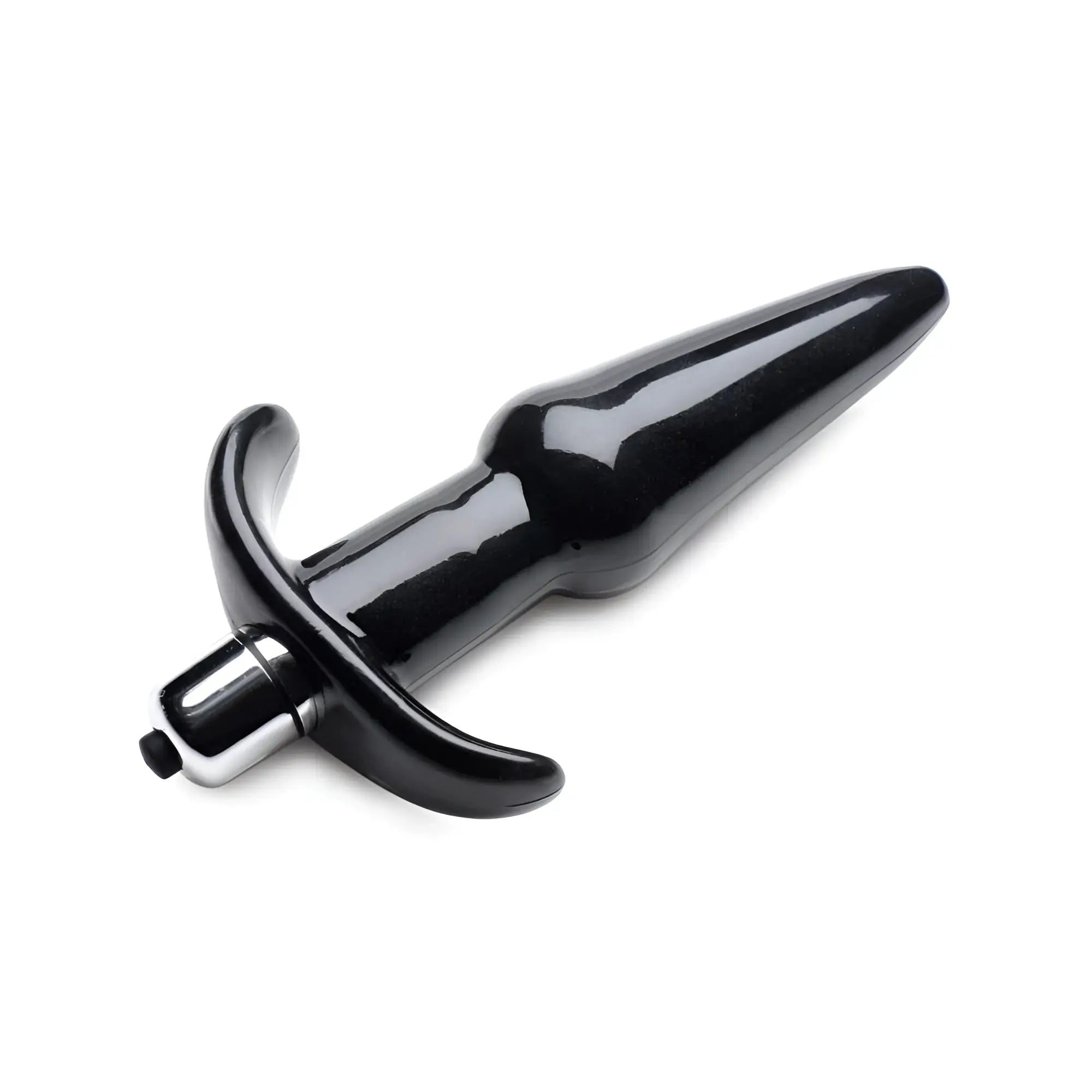 Frisky Smooth Vibrating Anal Plug in glossy black with a tapered shape and a silver-toned base featuring curved arms.