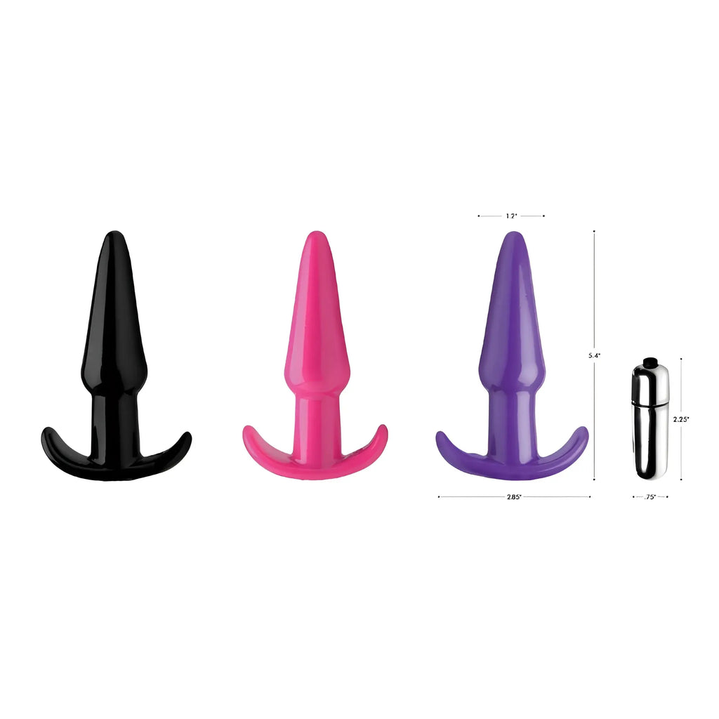 Frisky Smooth Vibrating Anal Plugs in black, pink, and purple, shown with a silver bullet vibrator and dimensions.
