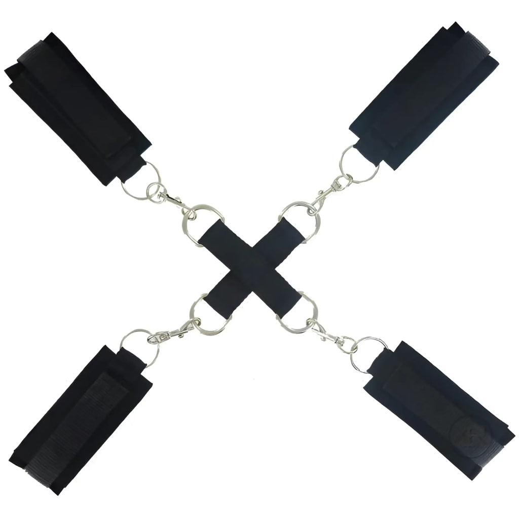 Frisky Stay-Put Hog Tie Restraints: A set of four black padded wrist and ankle cuffs connected to a central X-harness.