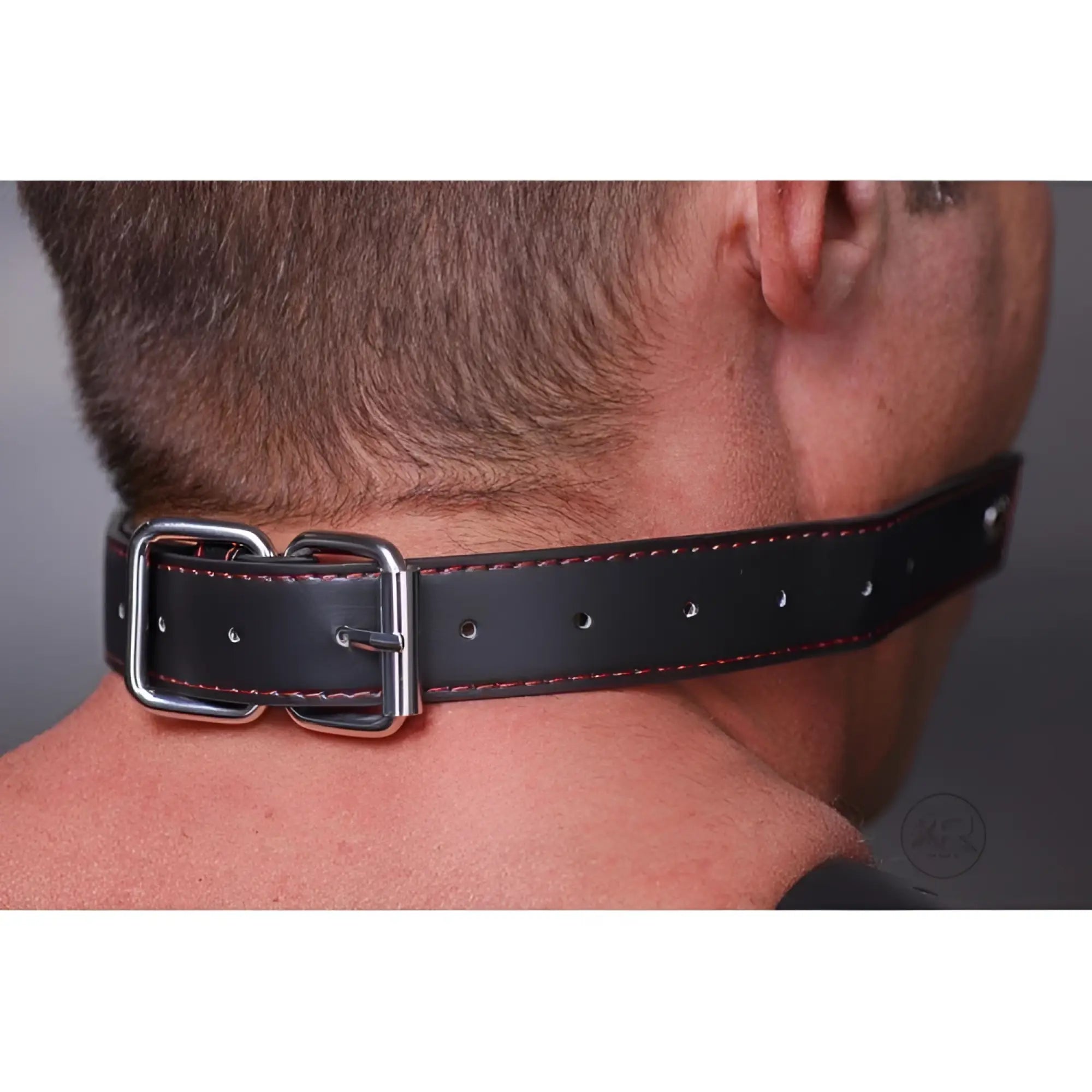 Black leather choker with red stitching and a silver-tone metal buckle worn around a person's neck.