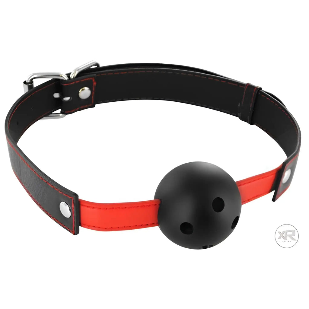 Frisky Subdue Me breathable ball gag with a matte black ball on a red and black faux leather adjustable collar.