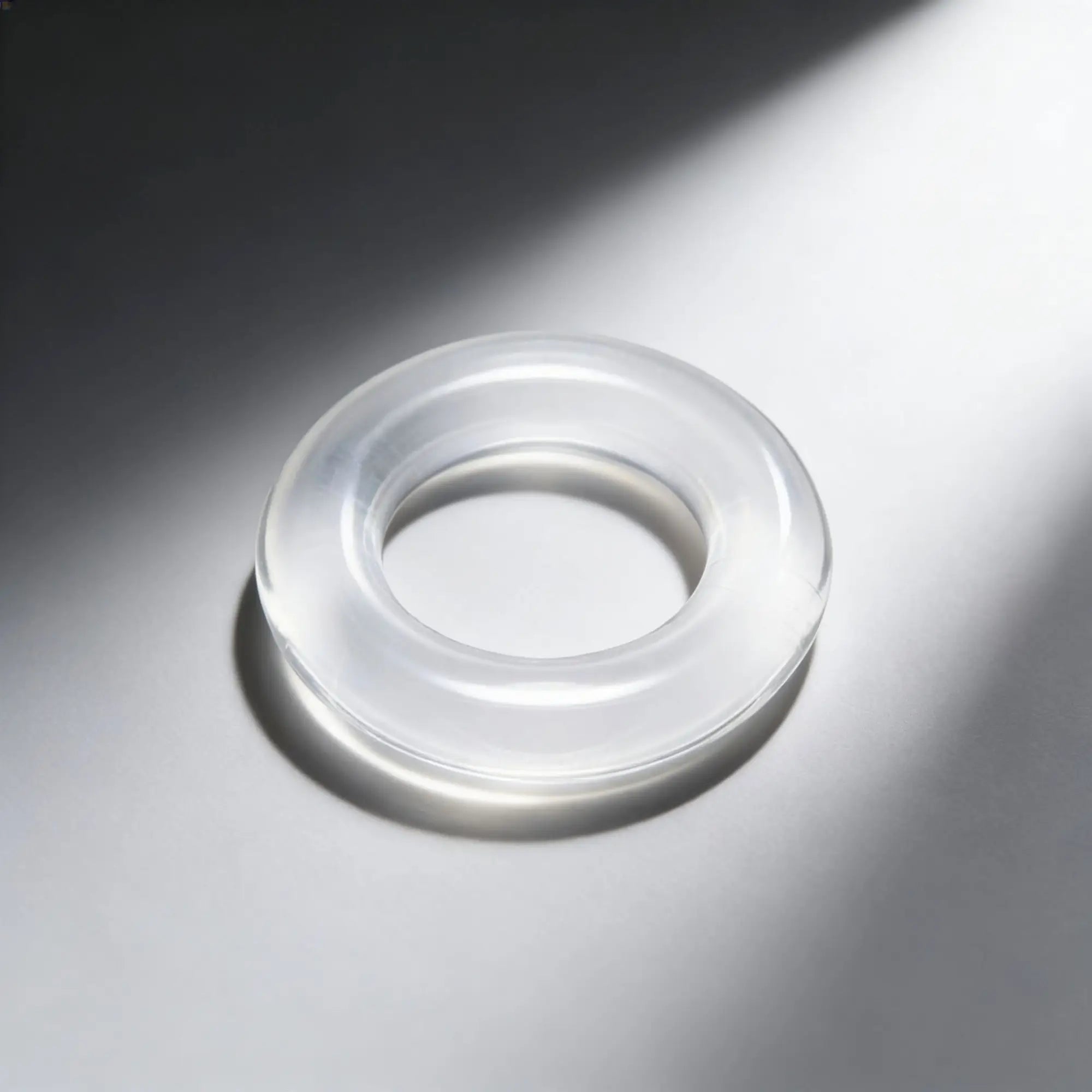 Frisky Super Stretch Universal Cock Ring: A smooth, transparent, circular silicone ring on a gray background.