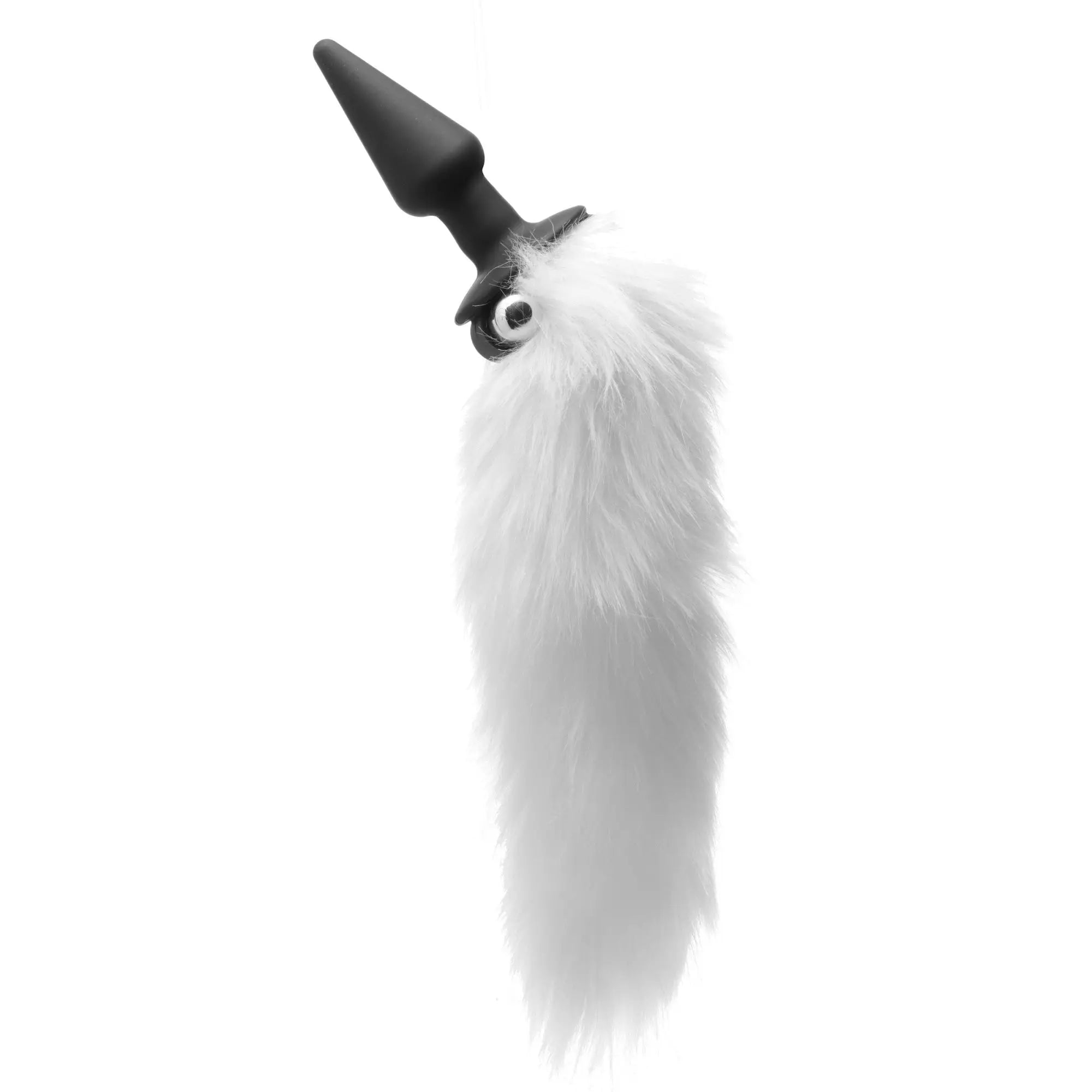 Frisky Vibrating Fox Tail Plug: A black, tapered silicone base attached to a fluffy, long white faux fur tail.